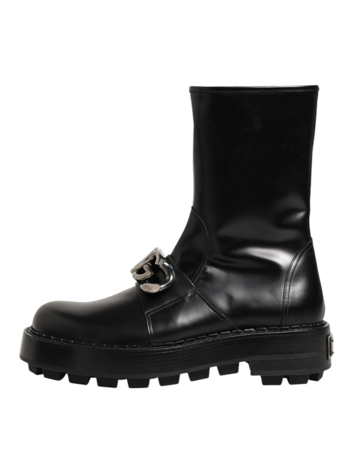 Dolce & Gabbana Black Logo Plaque Mid Calf Biker Boots Men's Shoes