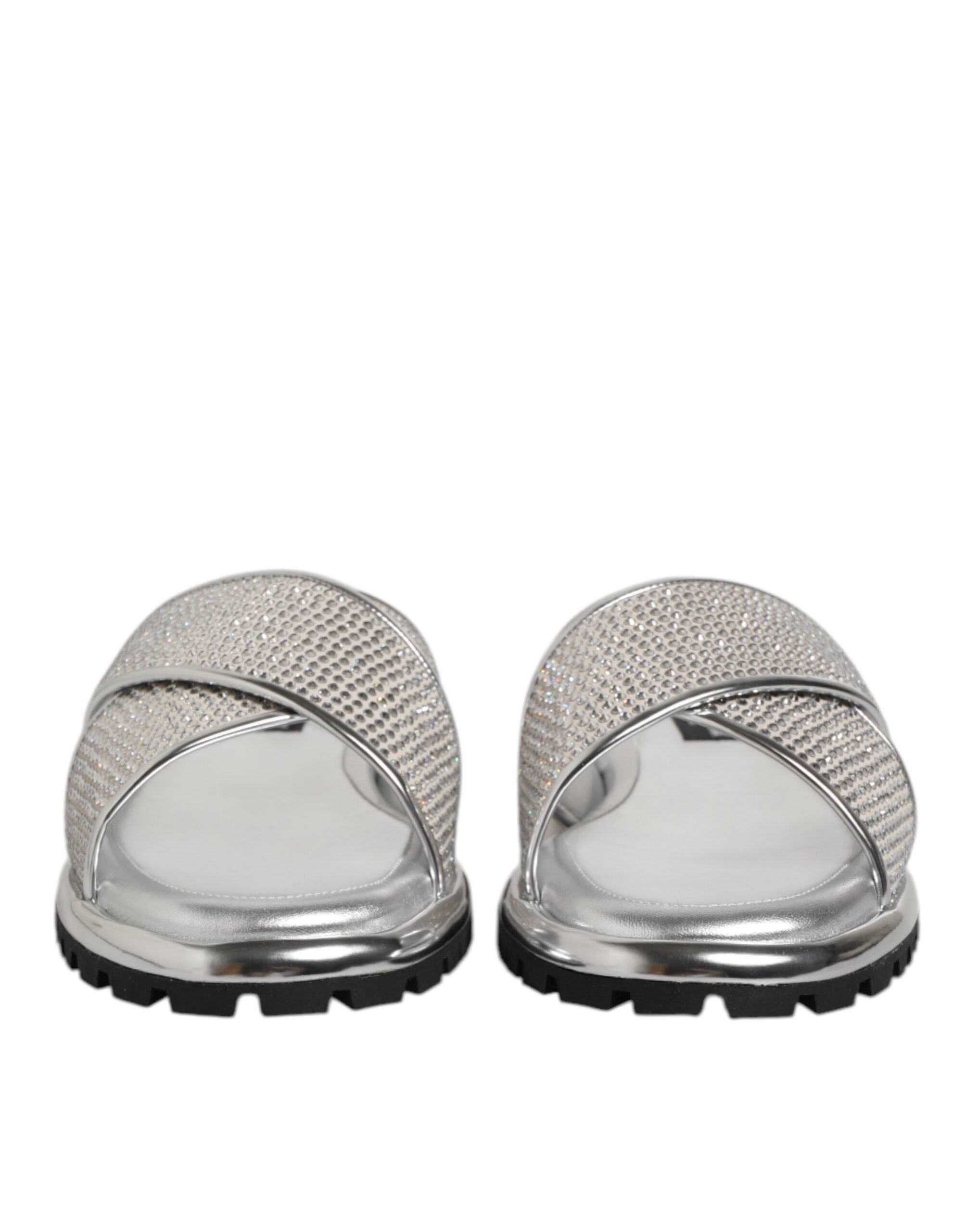 Dolce & Gabbana Silver Strass Slides Flats Slippers Men's Shoes