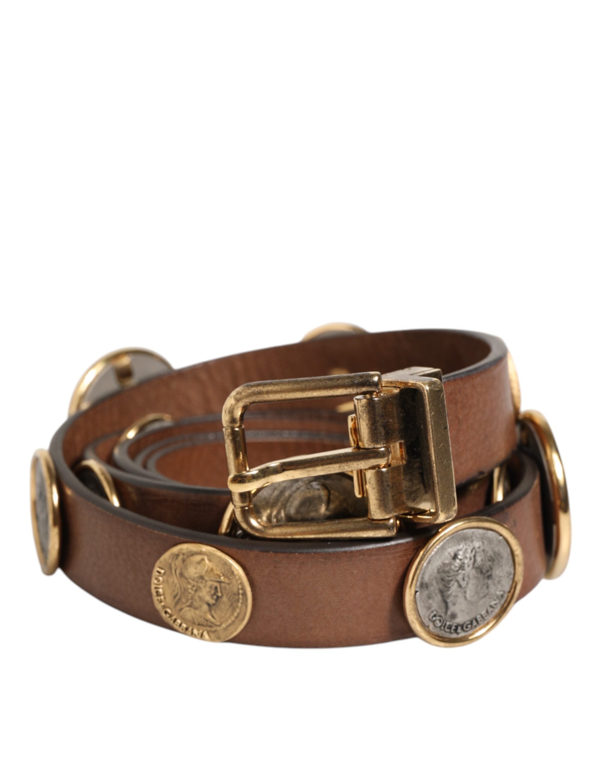 Dolce & Gabbana Brown Leather Gold Silver Coin Buckle Men's Belt