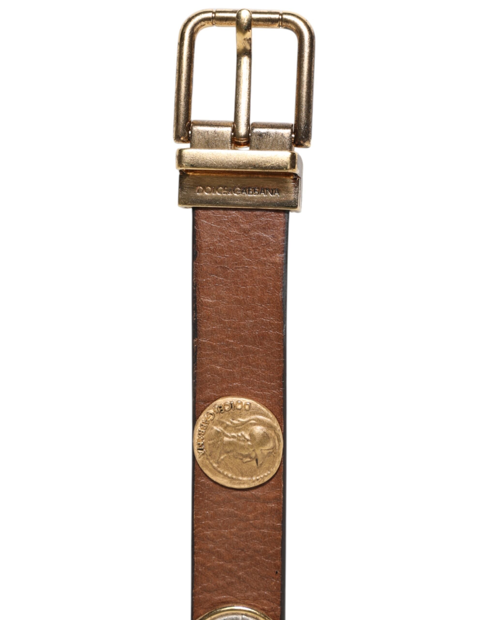 Dolce & Gabbana Brown Leather Gold Silver Coin Buckle Men's Belt