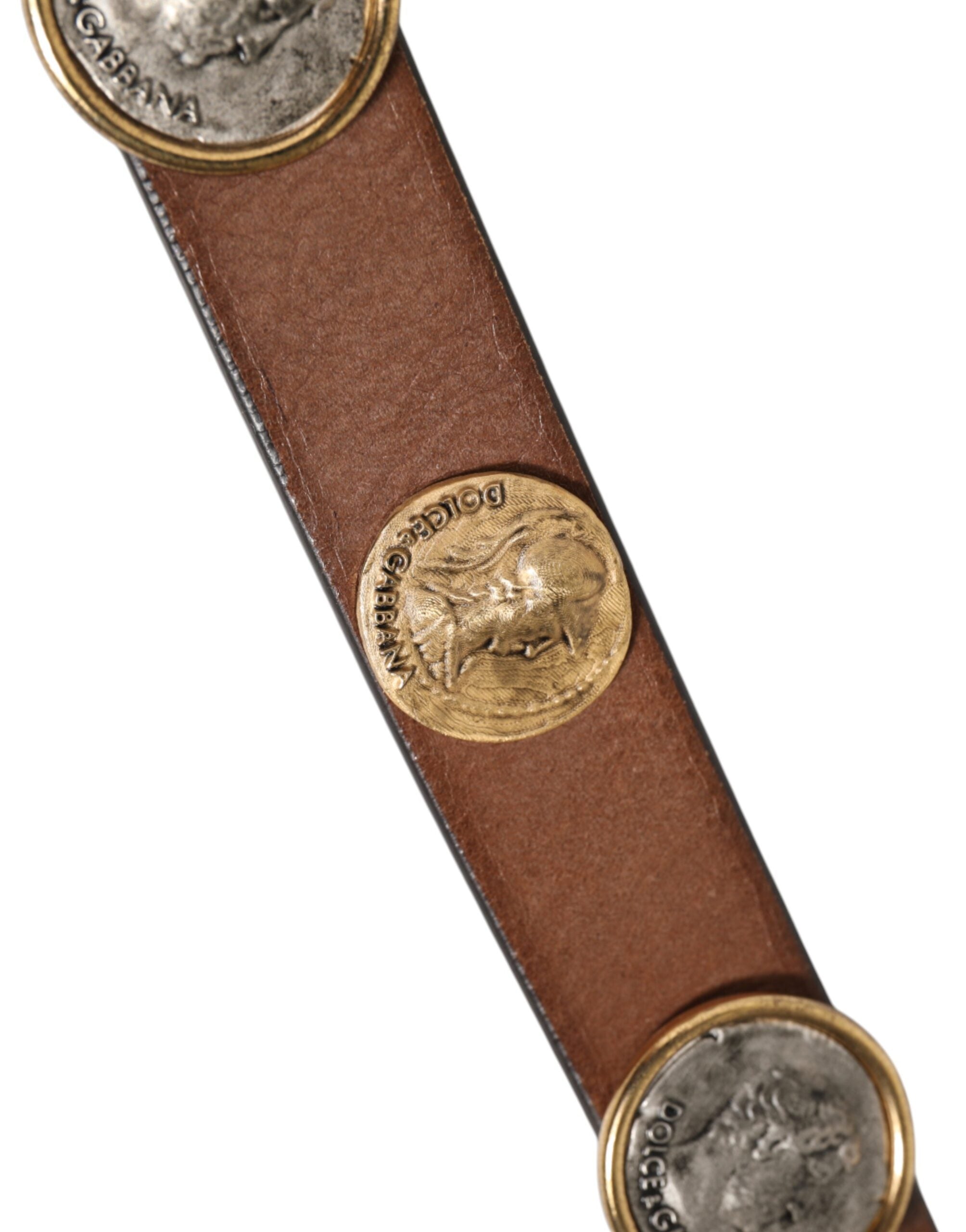 Dolce & Gabbana Brown Leather Gold Silver Coin Buckle Men's Belt