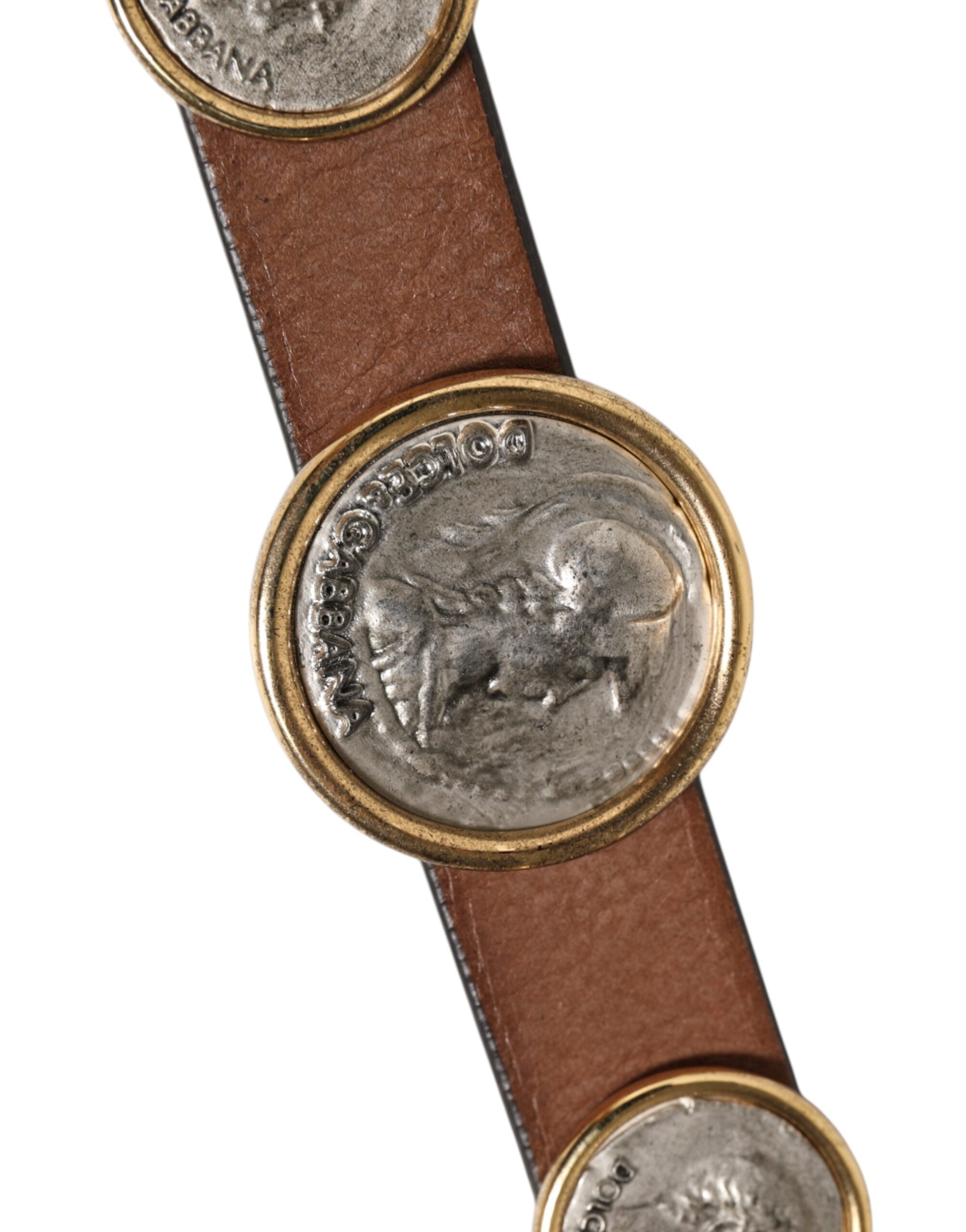 Dolce & Gabbana Brown Leather Gold Silver Coin Buckle Men's Belt