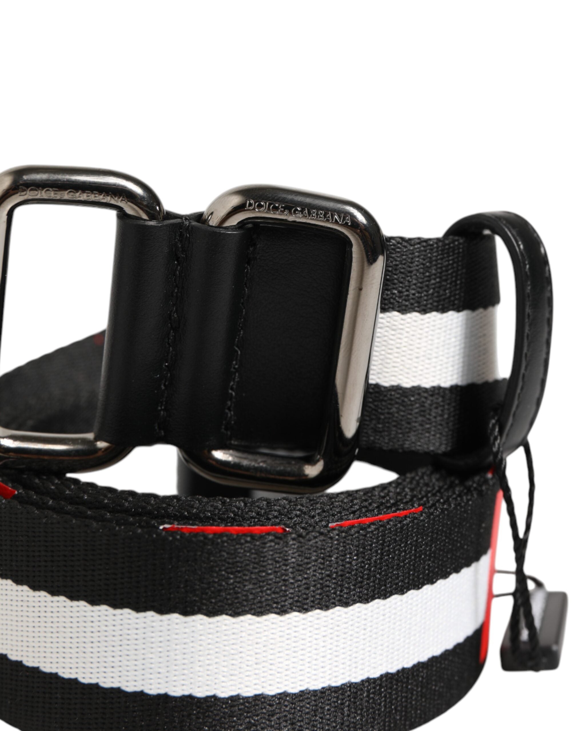 Dolce & Gabbana Black White Striped Logo Metal Buckle Men's Belt