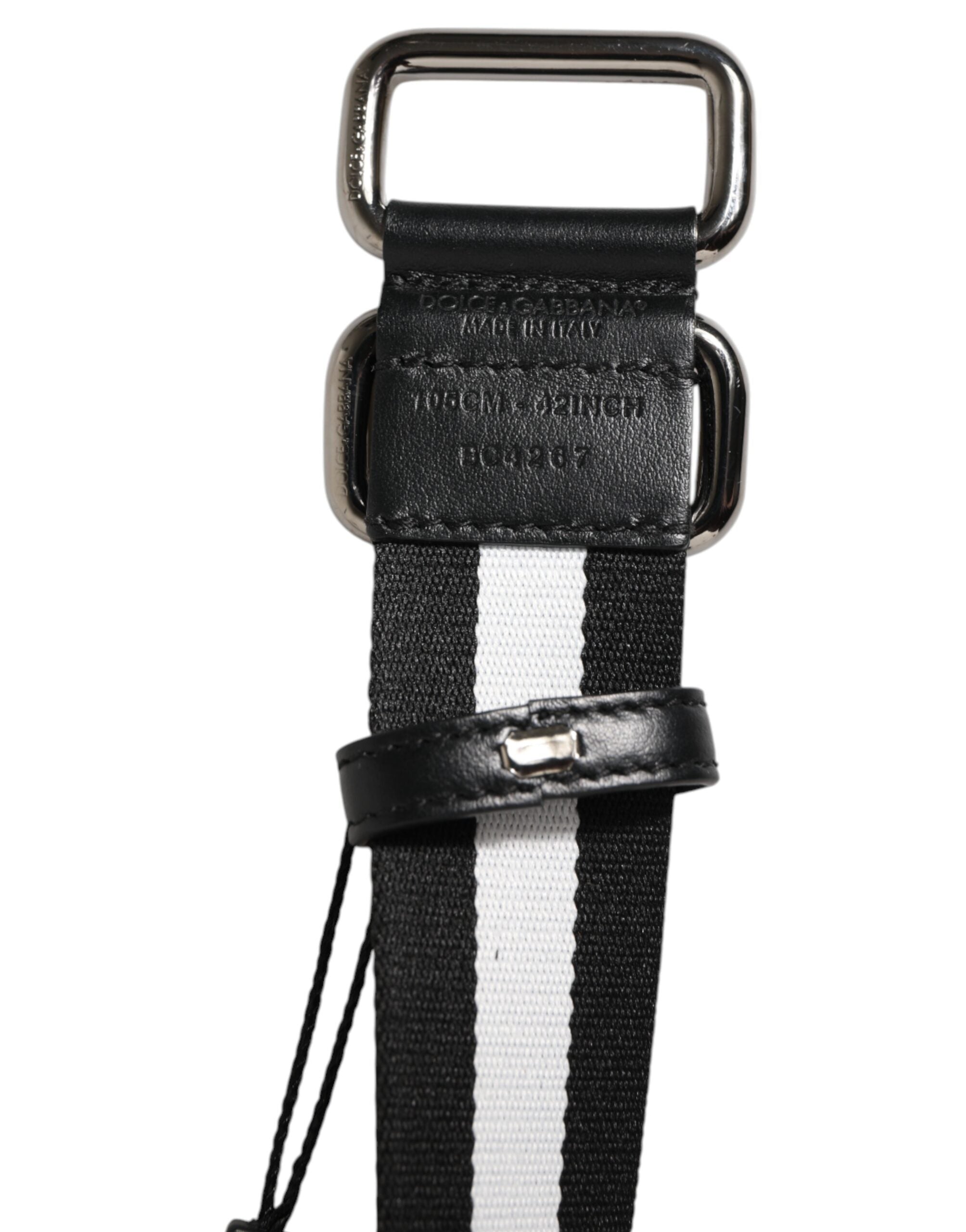 Dolce & Gabbana Black White Striped Logo Metal Buckle Men's Belt