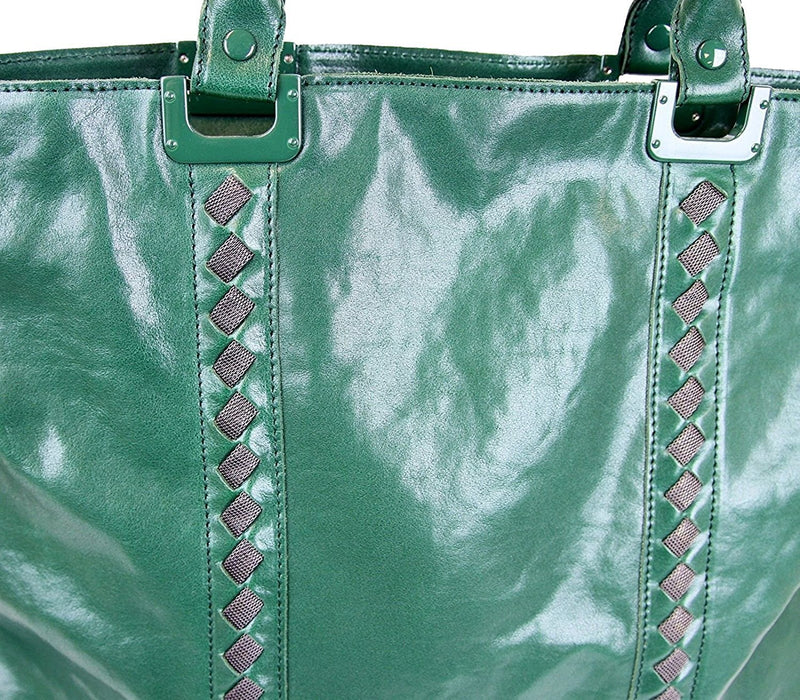 Bottega Veneta Unisex Green Leather Woven Detail Tote Bag