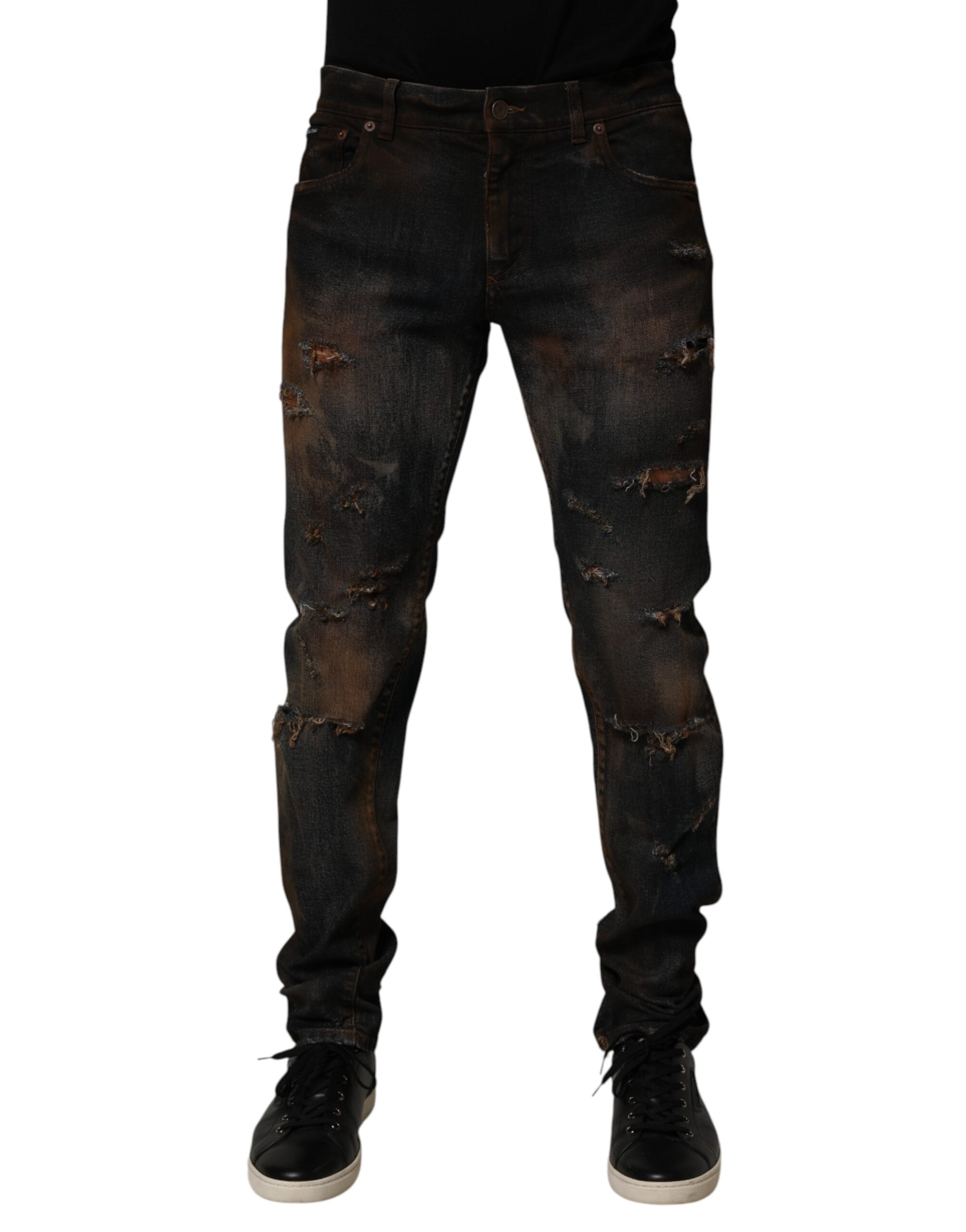 Dolce & Gabbana Black Cotton Skinny Tattered Men Denim Men's Jeans