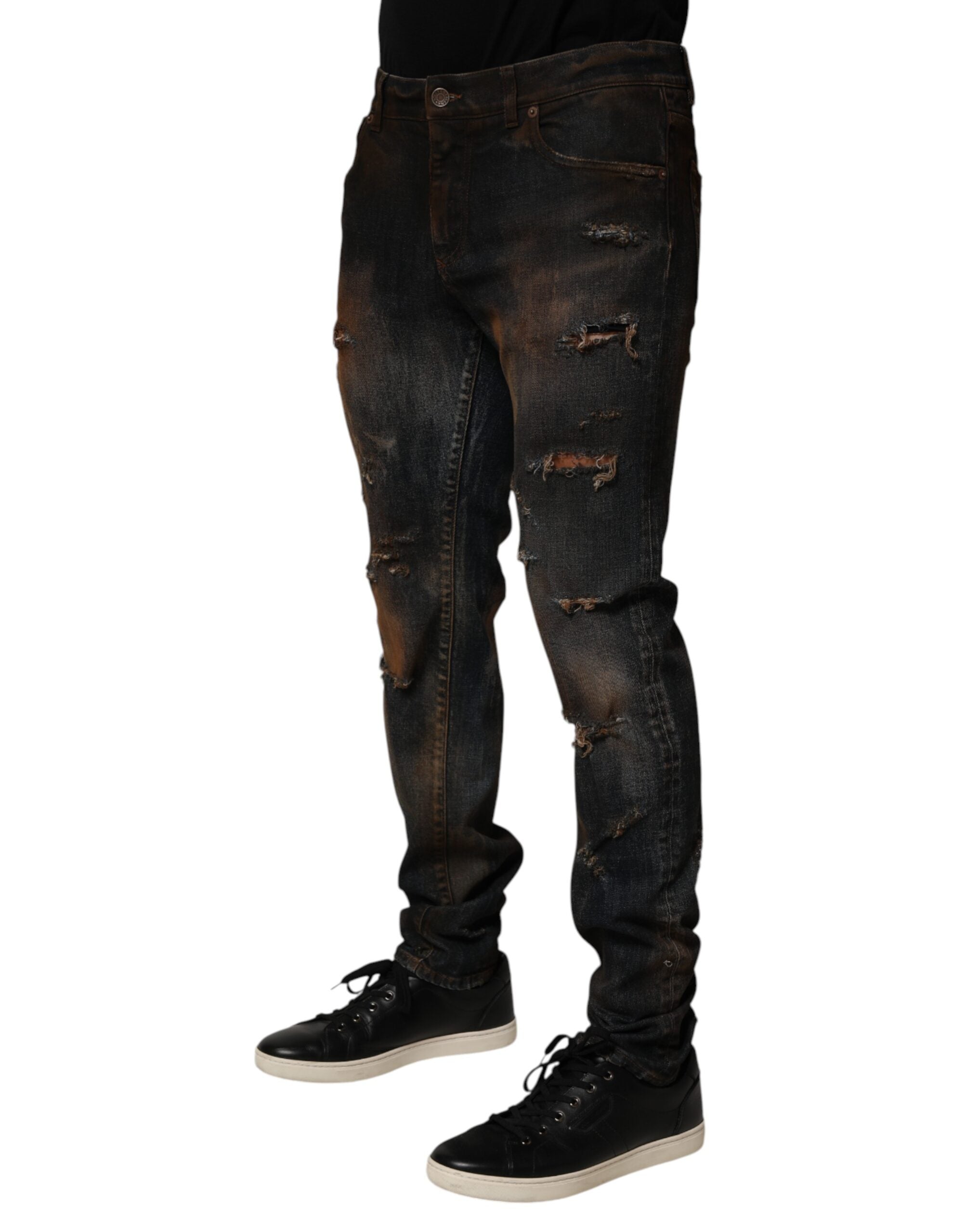 Dolce & Gabbana Black Cotton Skinny Tattered Men Denim Men's Jeans