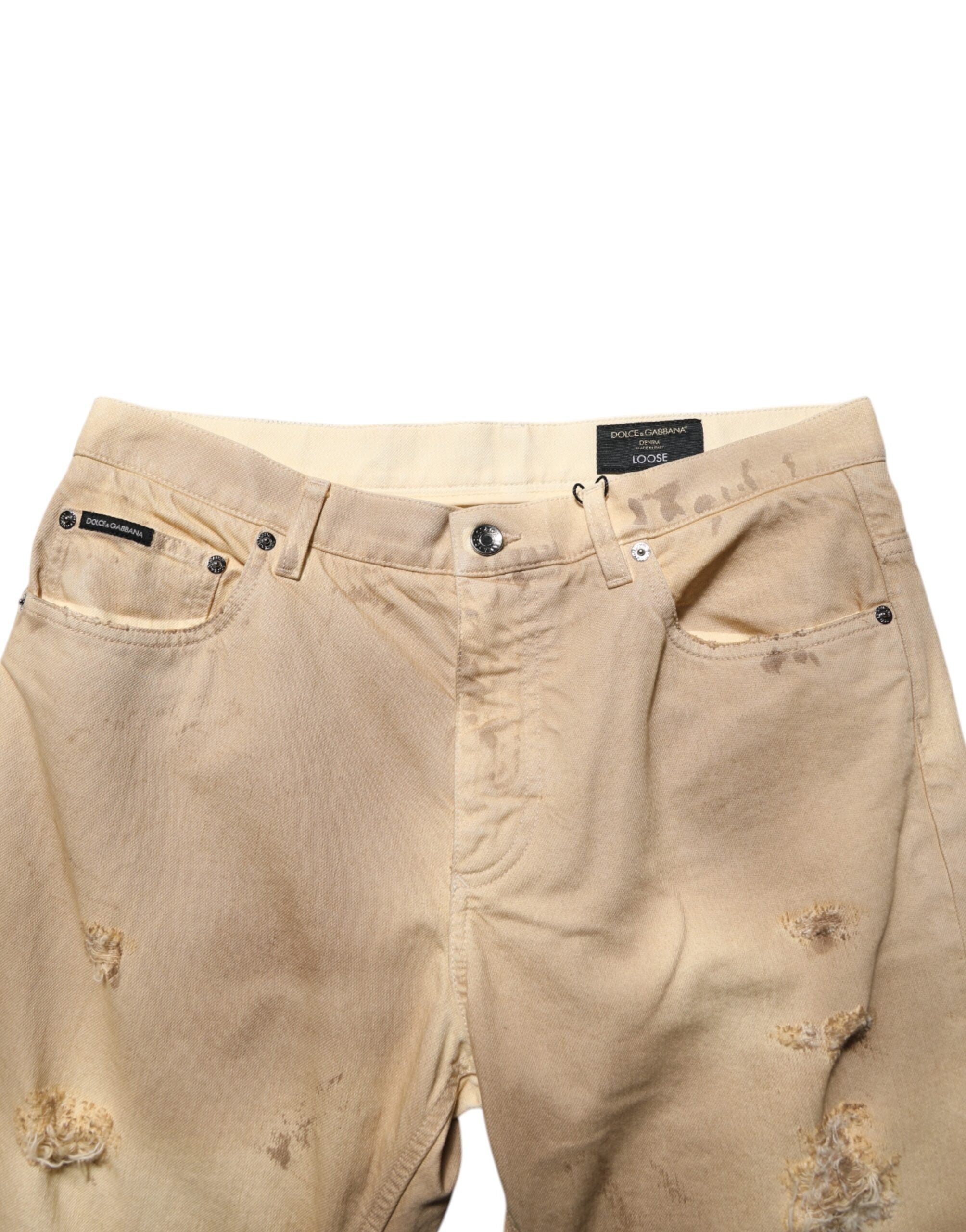 Dolce & Gabbana Beige Cotton Loose Tattered Men Denim Men's Jeans