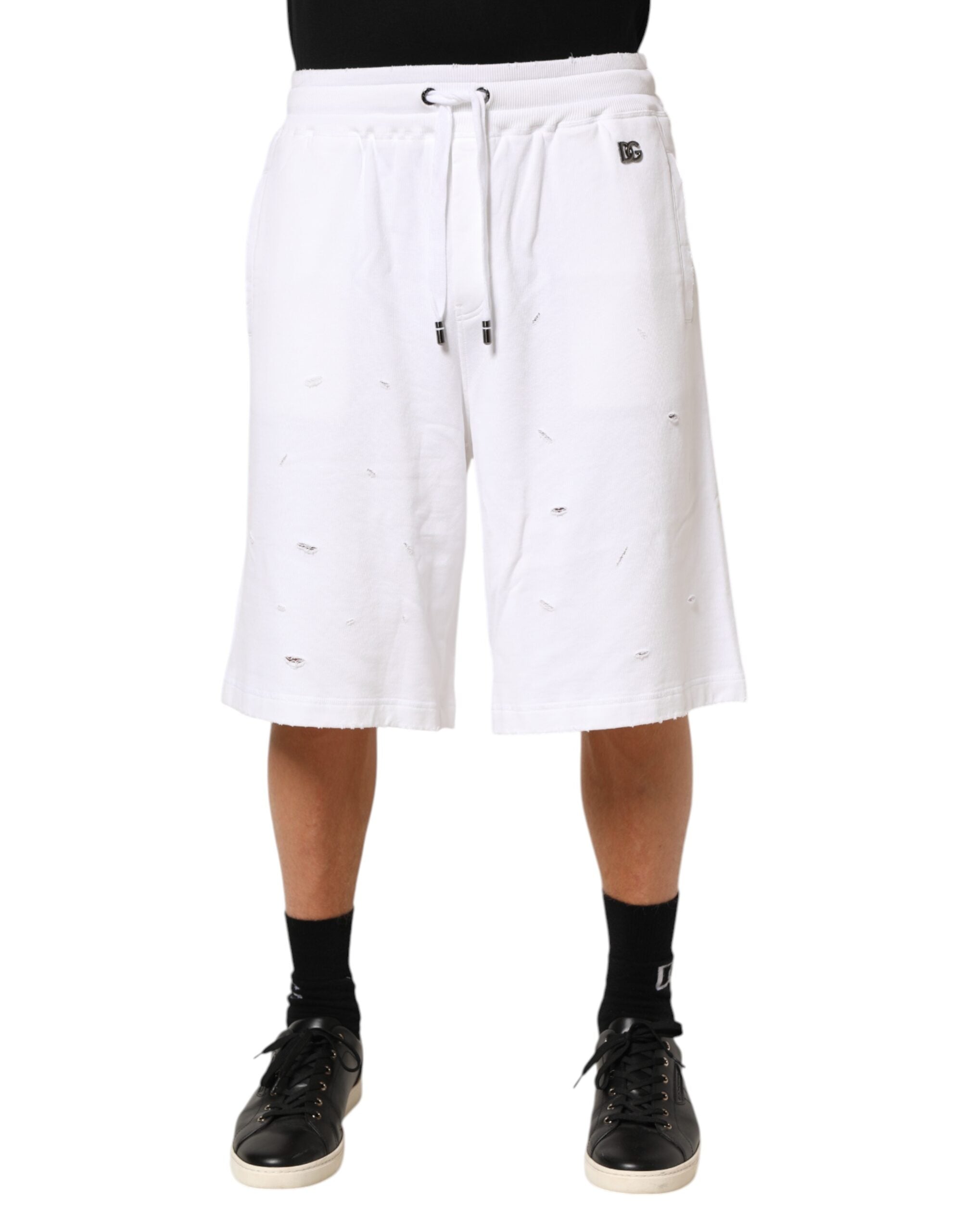 Dolce & Gabbana White Cotton Ripped Bermuda Sweatpants Men's Shorts