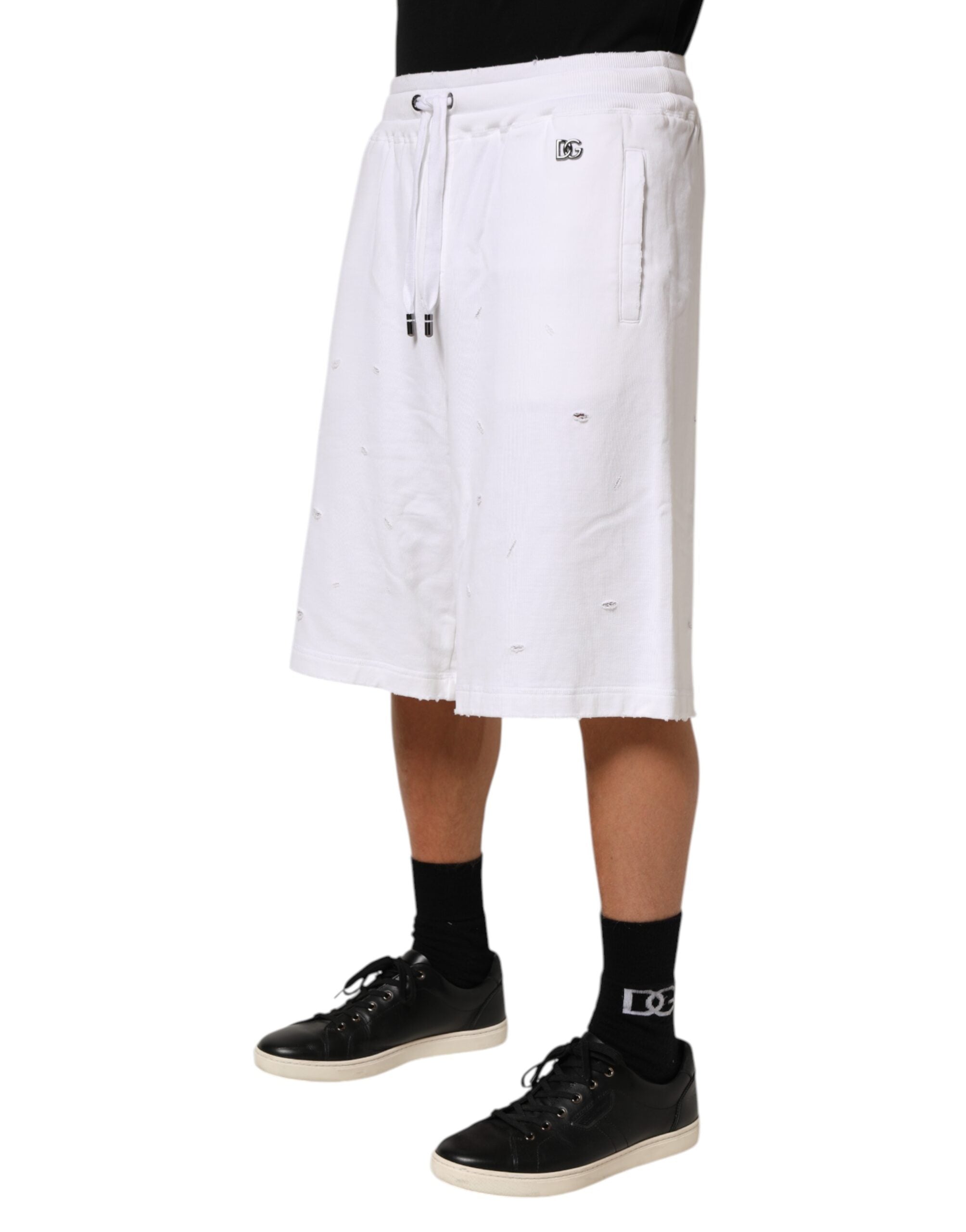 Dolce & Gabbana White Cotton Ripped Bermuda Sweatpants Men's Shorts