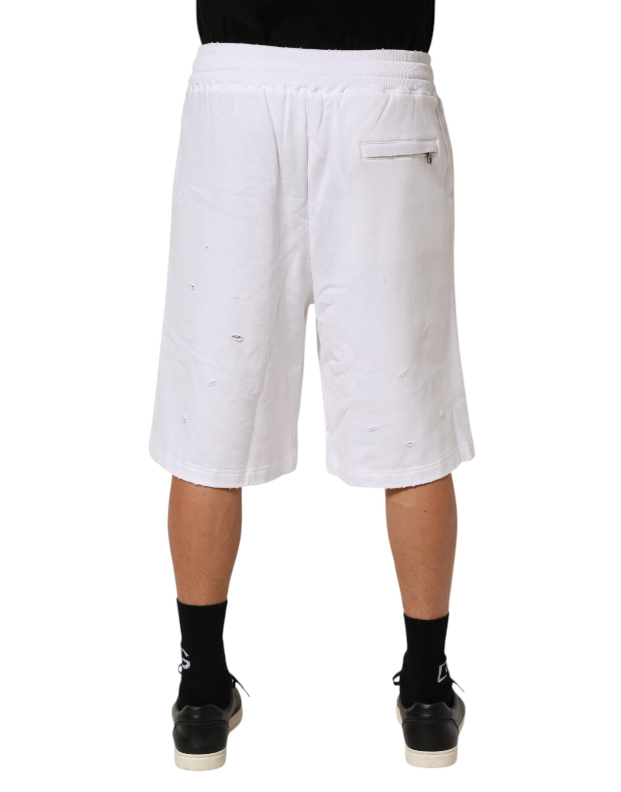 Dolce & Gabbana White Cotton Ripped Bermuda Sweatpants Men's Shorts