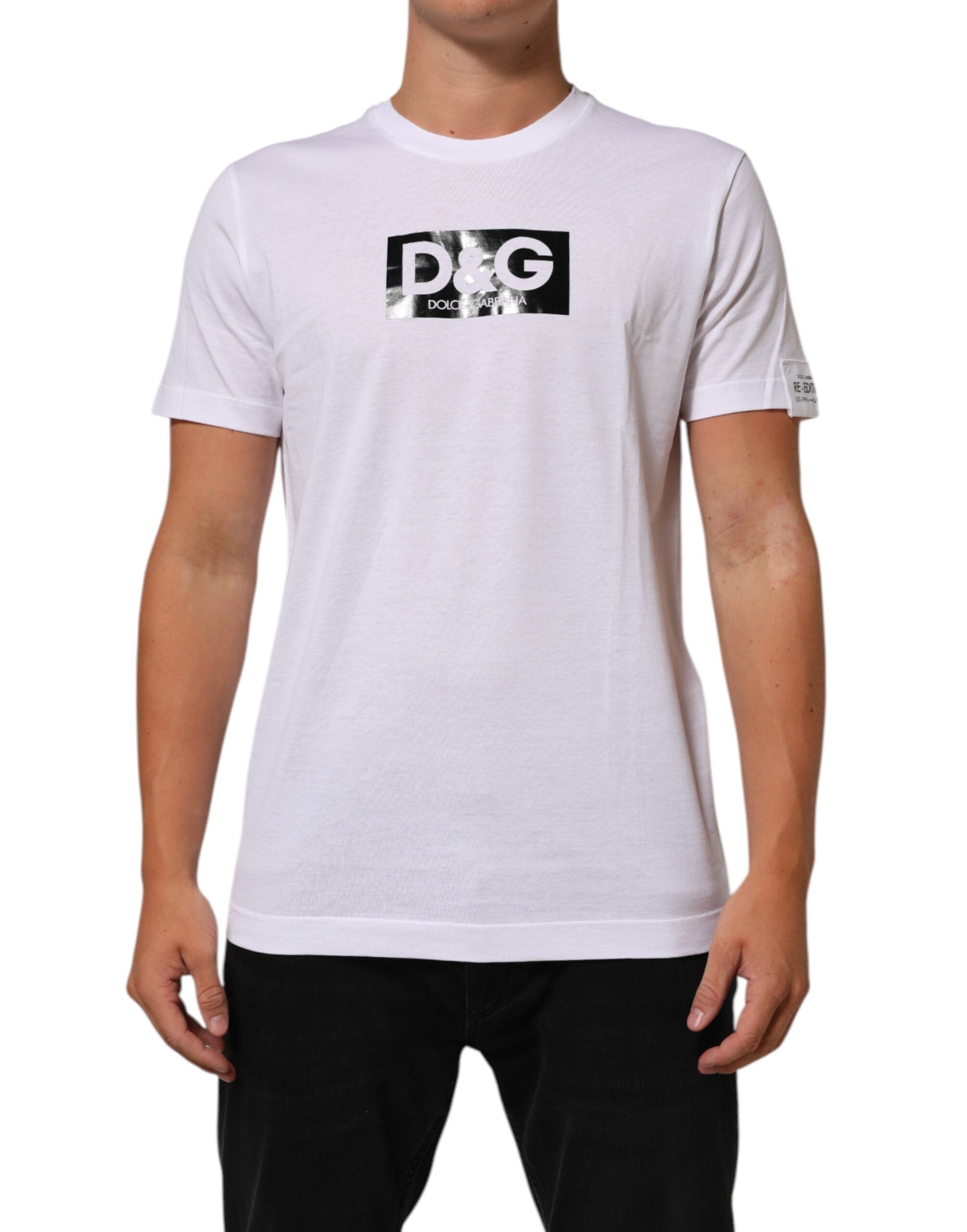 Dolce & Gabbana White Logo Print Cotton Crew Neck Men's T-shirt (Pre-Owned)