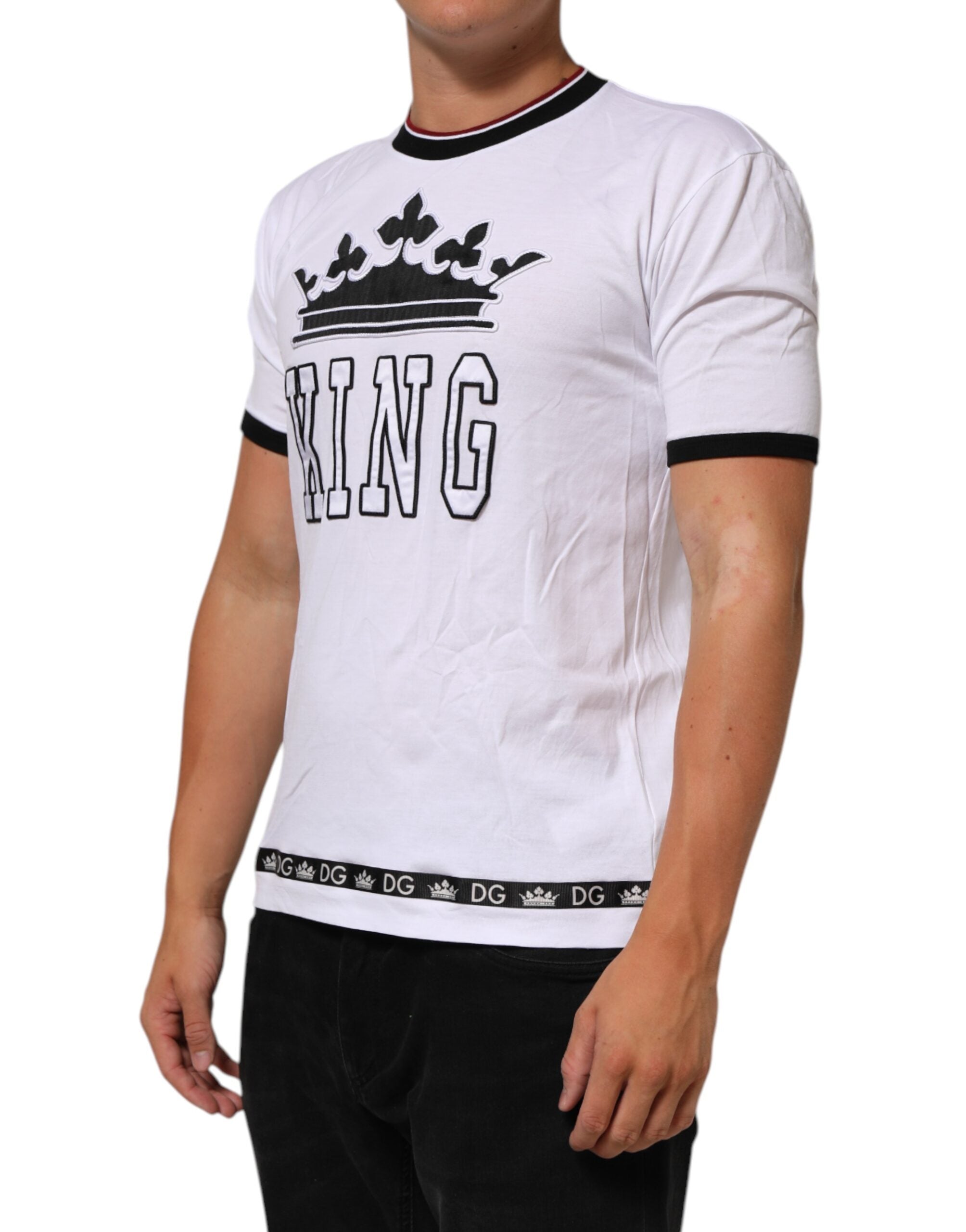 Dolce & Gabbana White Cotton Crown King Embroidery Men's T-shirt (Pre-Owned)