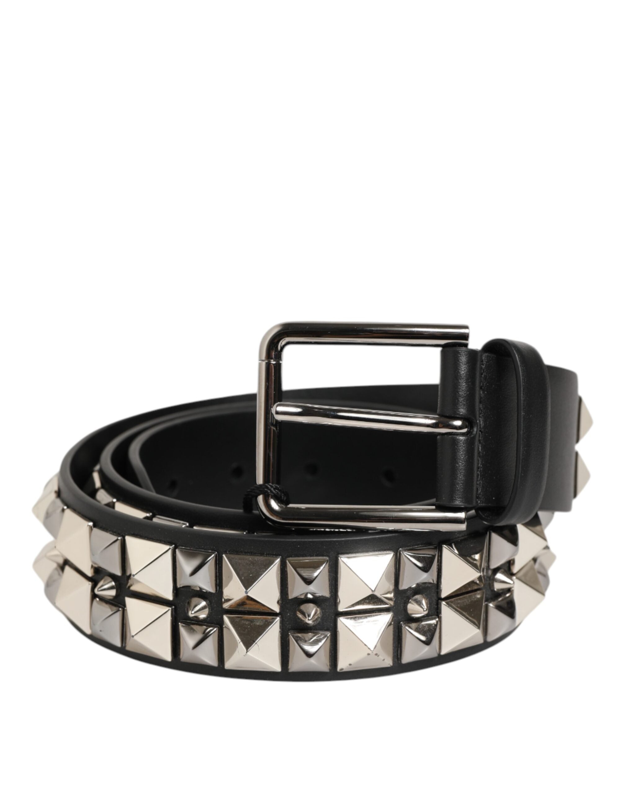 Dolce & Gabbana Black Calf Leather Studded Silver Buckle Men's Belt