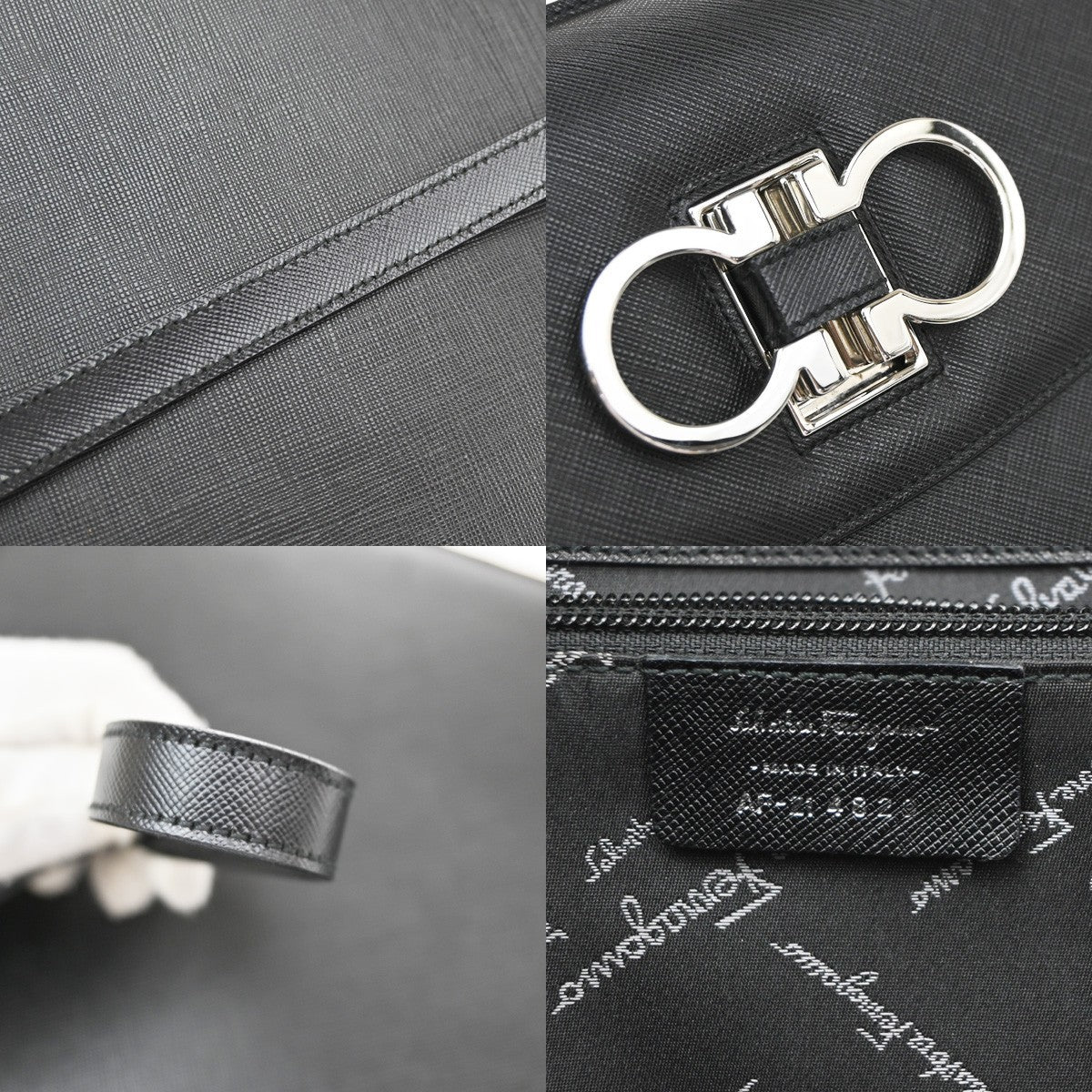Salvatore Ferragamo Double Gancini Top Handle Saffiano Leather Black Leather Handbag (Pre-Owned)