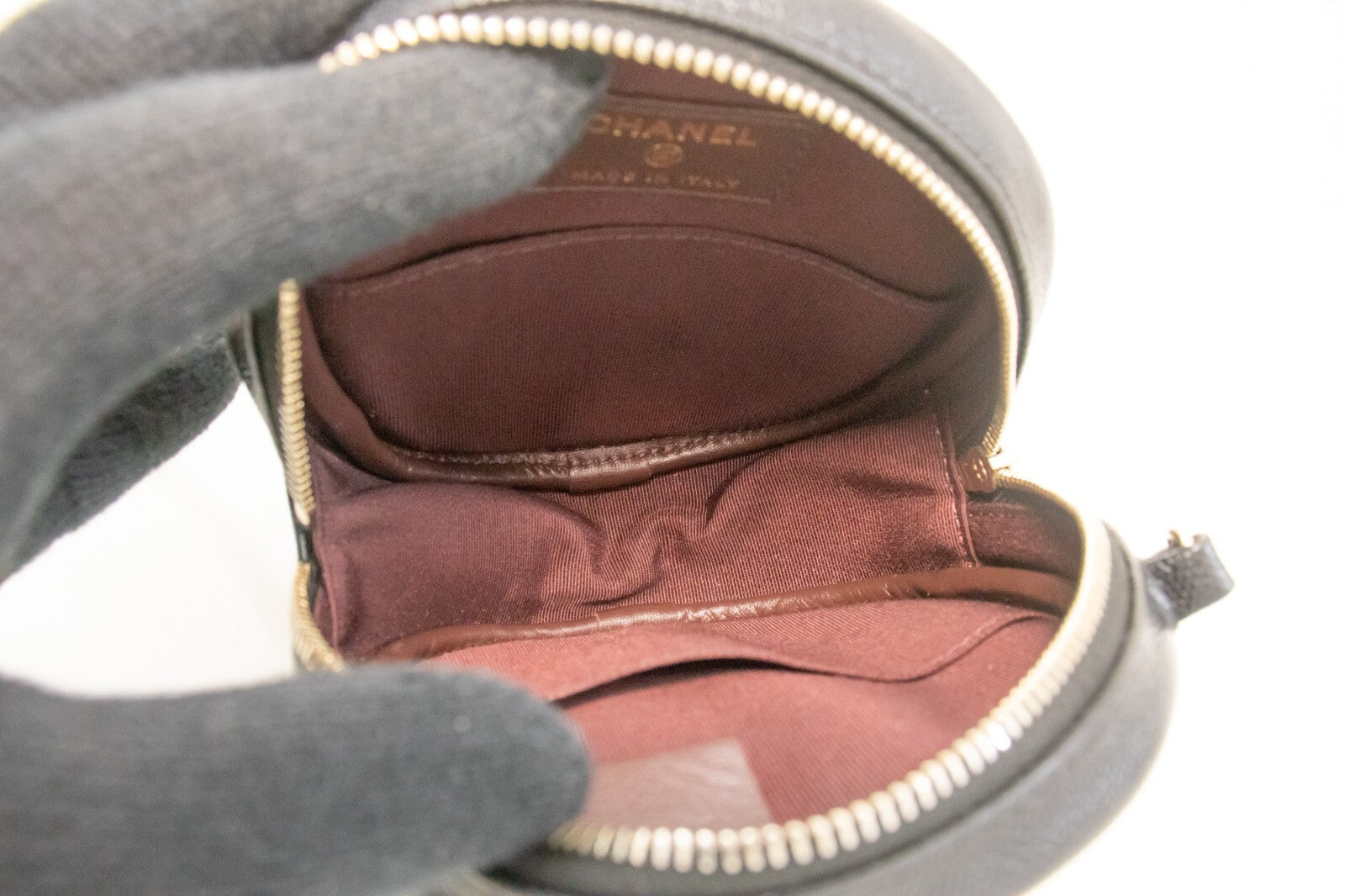 Chanel Round Compartment Clutch With Chain Quilted Caviar Leather Black Calfskin Clutche & Pouche Bag (Pre-Owned)