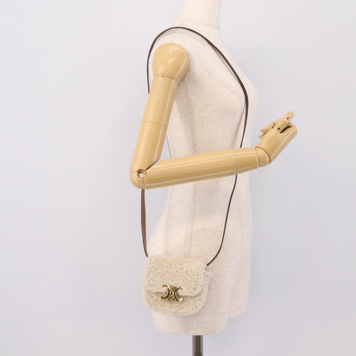 Celine Triomphe Shoulder Shearling Beige Wool Handbag (Pre-Owned)