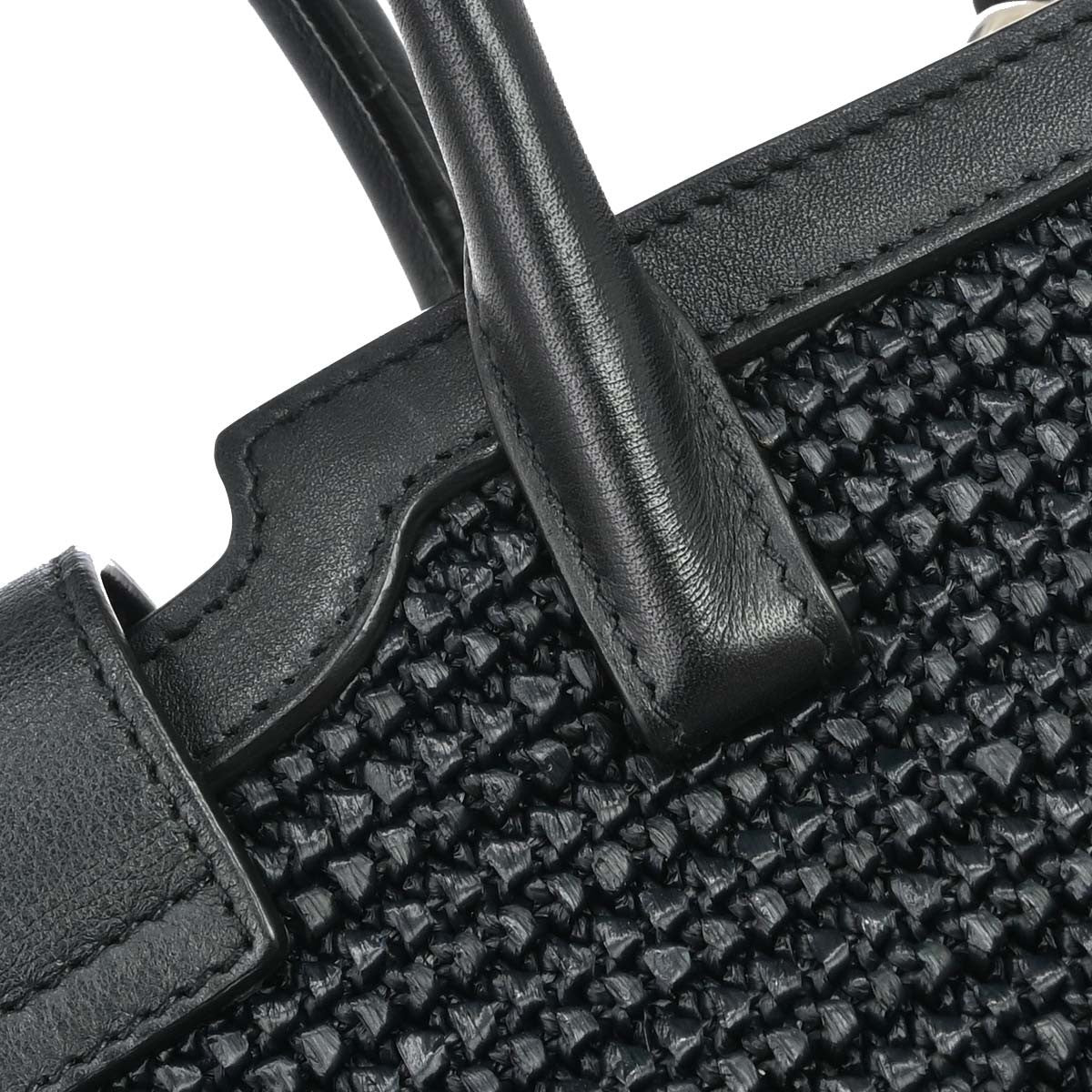 Saint Laurent Monogram Cabas Downtown Raffia And Leather Black Leather Tote Bag Bag (Pre-Owned)
