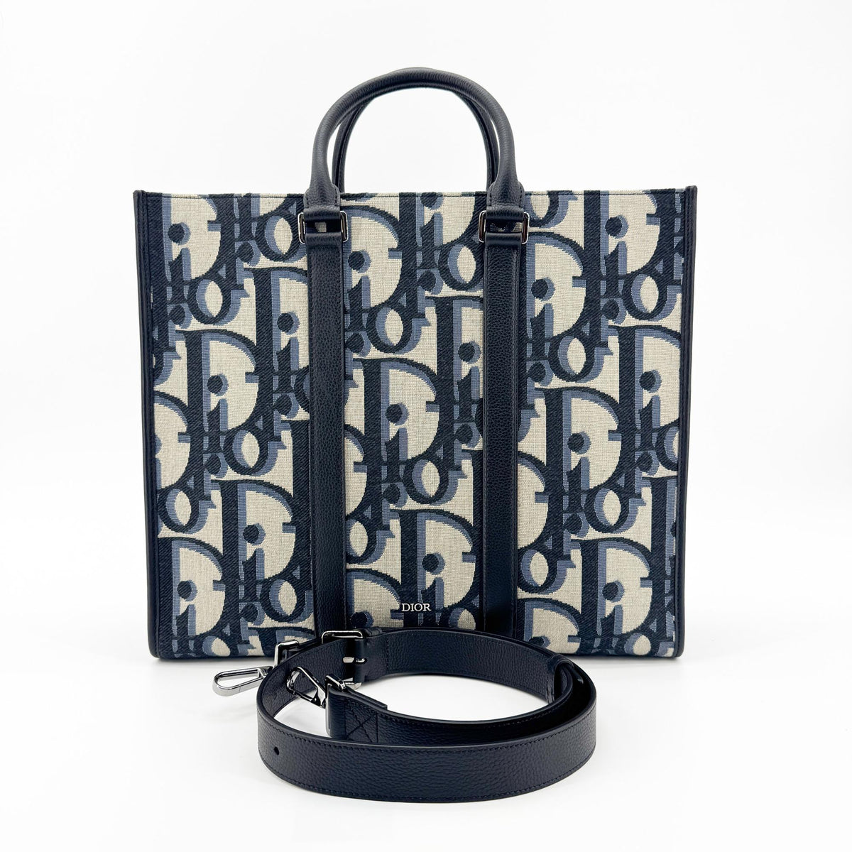 Christian Dior Book Tote With Strap Oblique Canvas Black Canvas Tote Bag Bag (Pre-Owned)