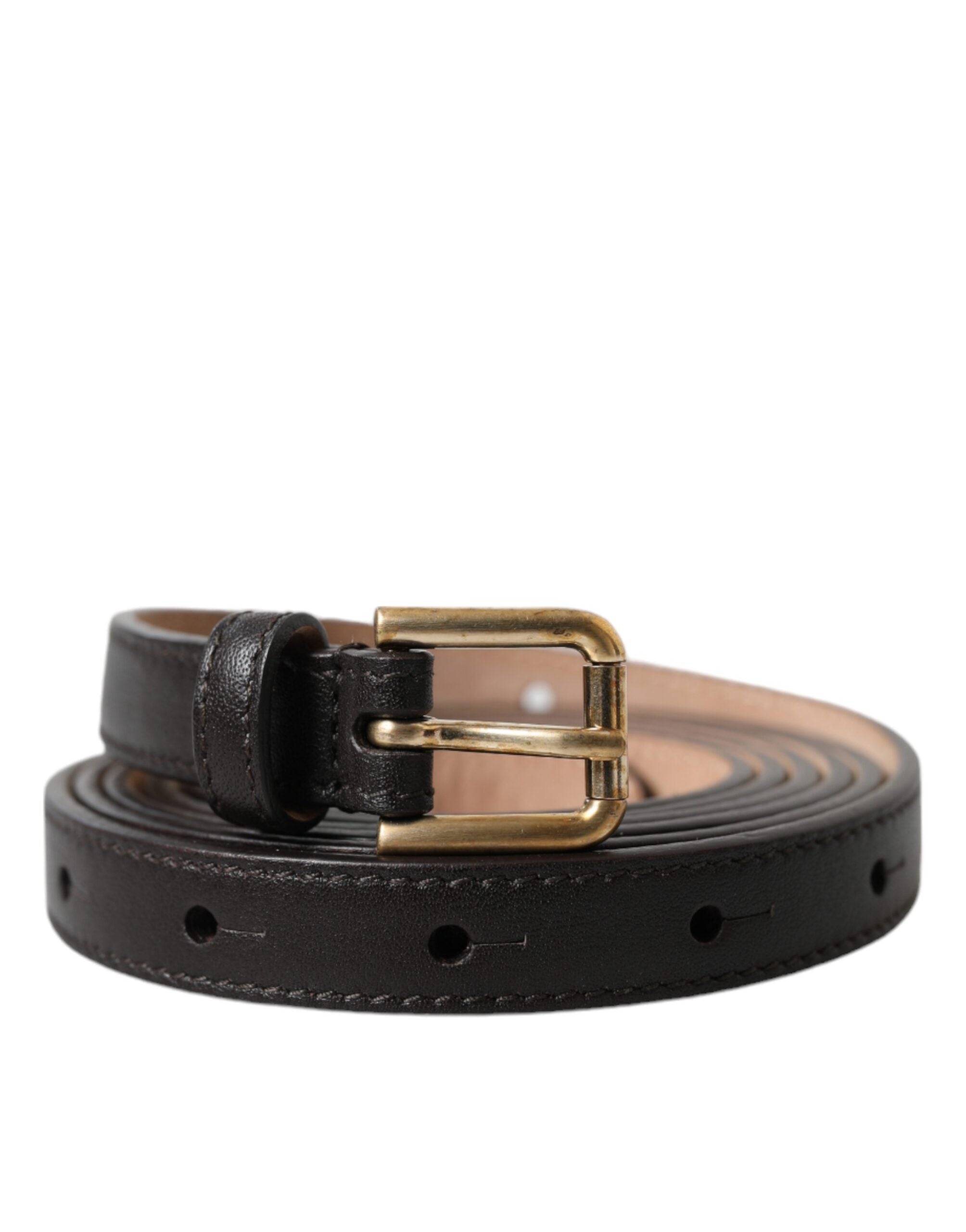 Dolce & Gabbana Black Leather Long Skinny Gold Metal Buckle Women's Belt
