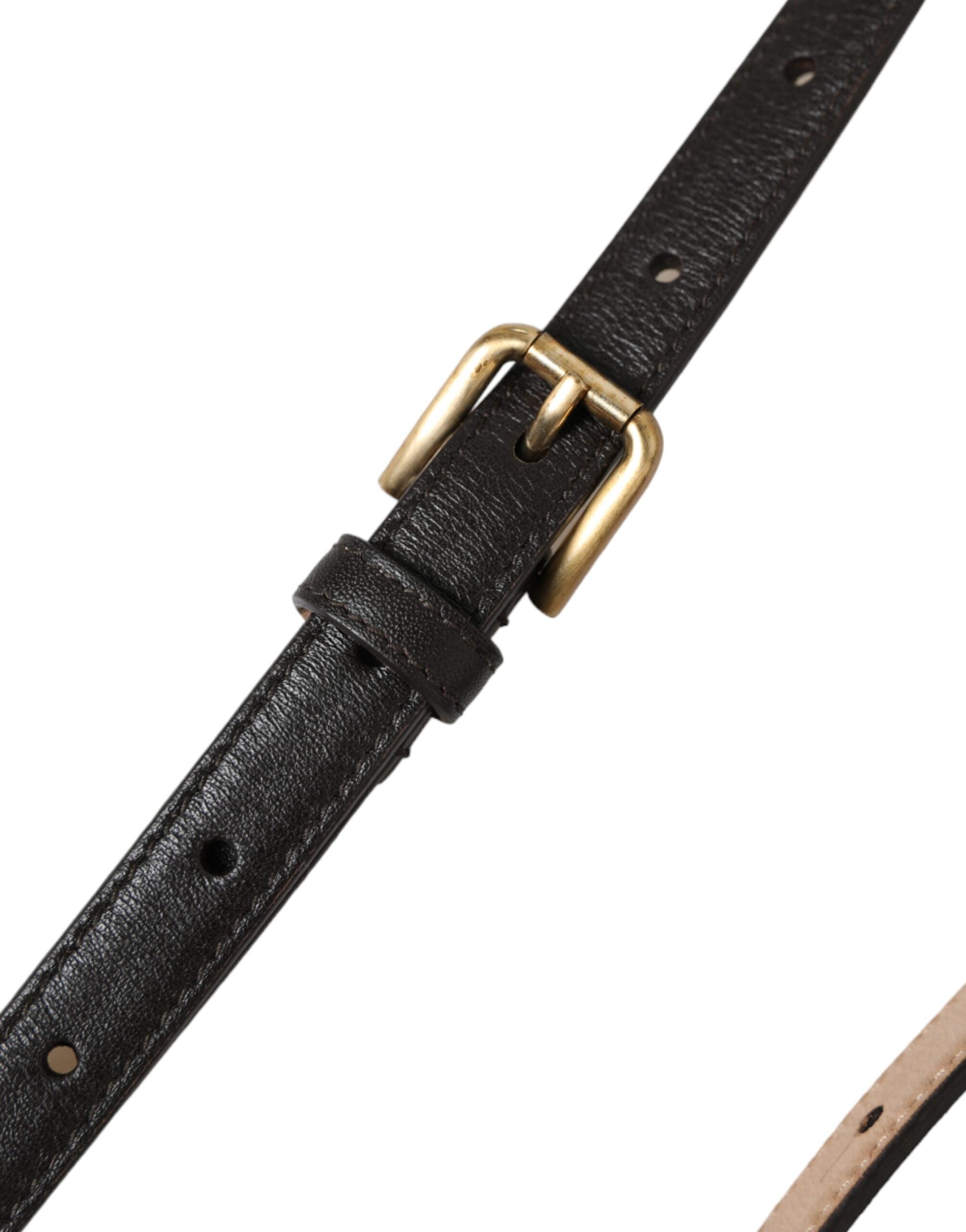Dolce & Gabbana Black Leather Long Skinny Gold Metal Buckle Women's Belt