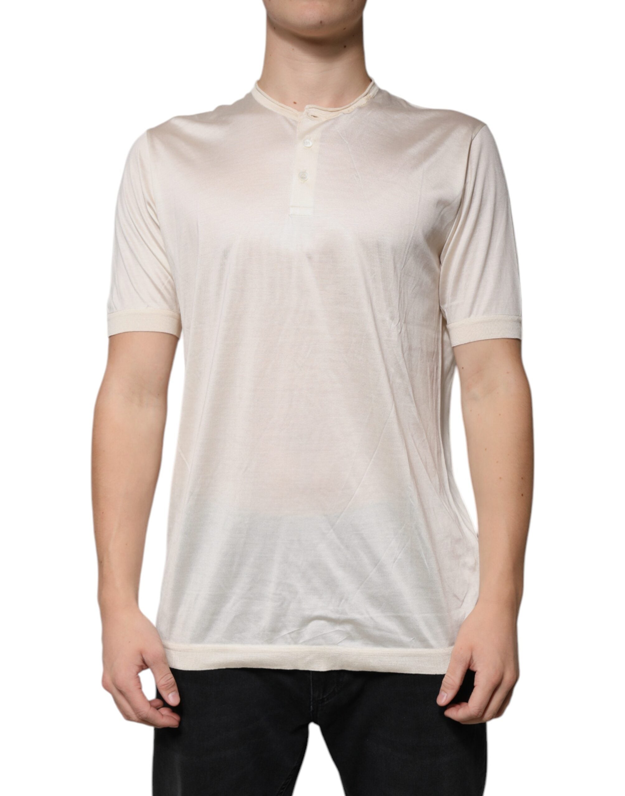 Dolce & Gabbana Off White Silk Henley Short Sleeves Men's T-Shirt