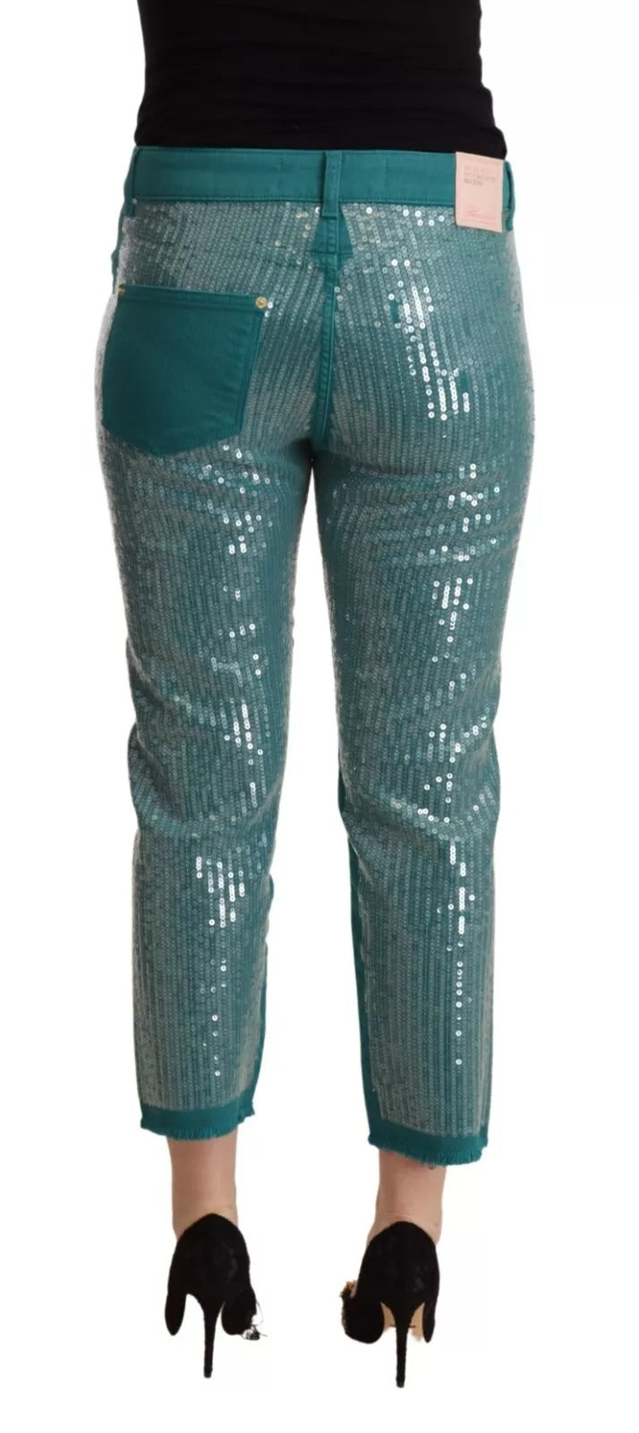 Blumarine Cadet Blue Sequined Low Waist Cropped Trouser Women's Pants (Pre-Owned)