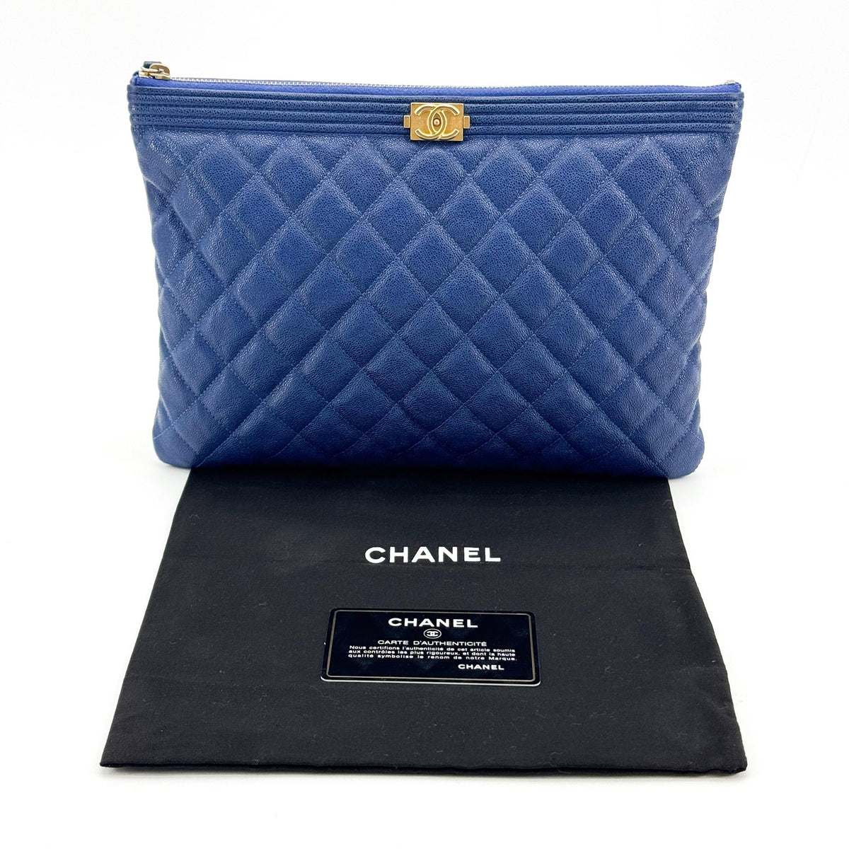 Chanel Boy O Case Clutch Quilted Caviar Blue Leather Clutche & Pouche Bag (Pre-Owned)