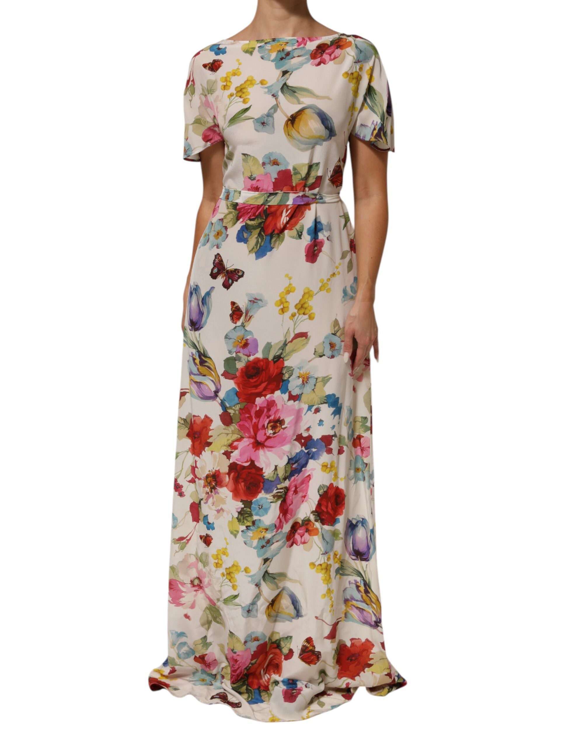Dolce & Gabbana White Floral Print Silk Sheath LongGown Women's Dress
