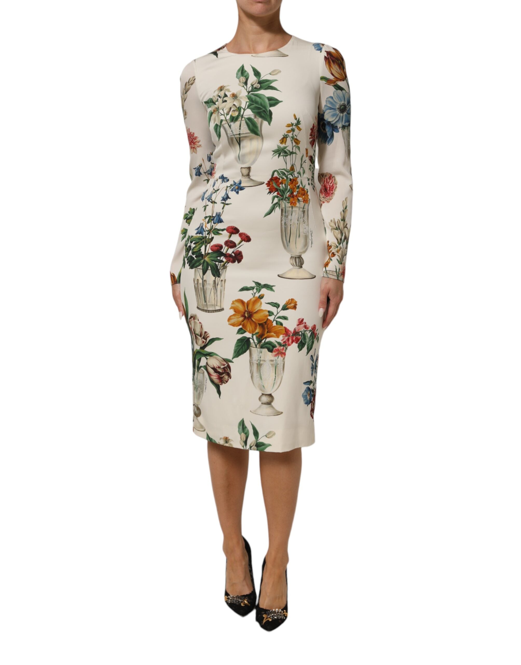 Dolce & Gabbana White Flower Vase Silk Sheath Midi Women's Dress (Pre-Owned)