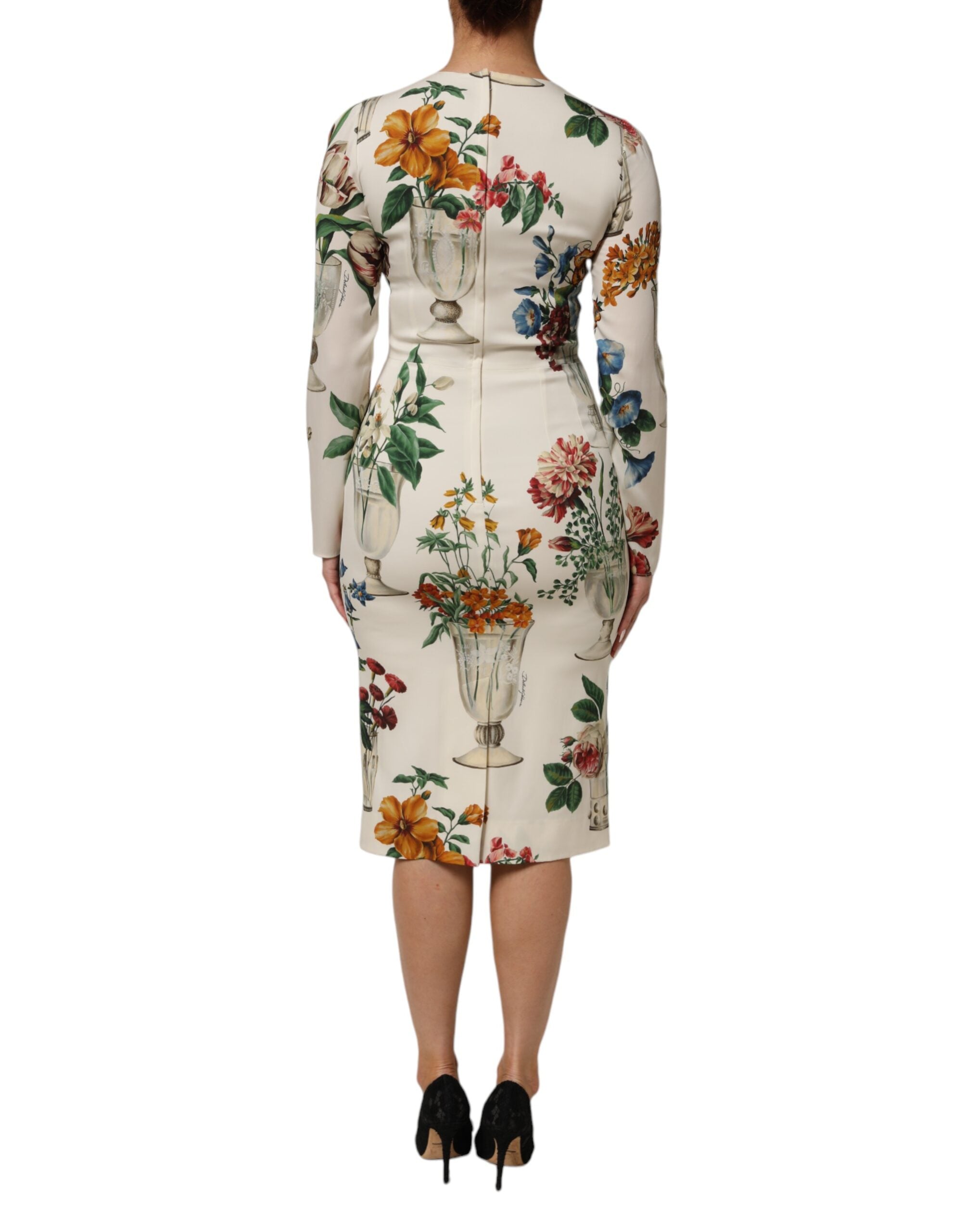 Dolce & Gabbana White Flower Vase Silk Sheath Midi Women's Dress (Pre-Owned)