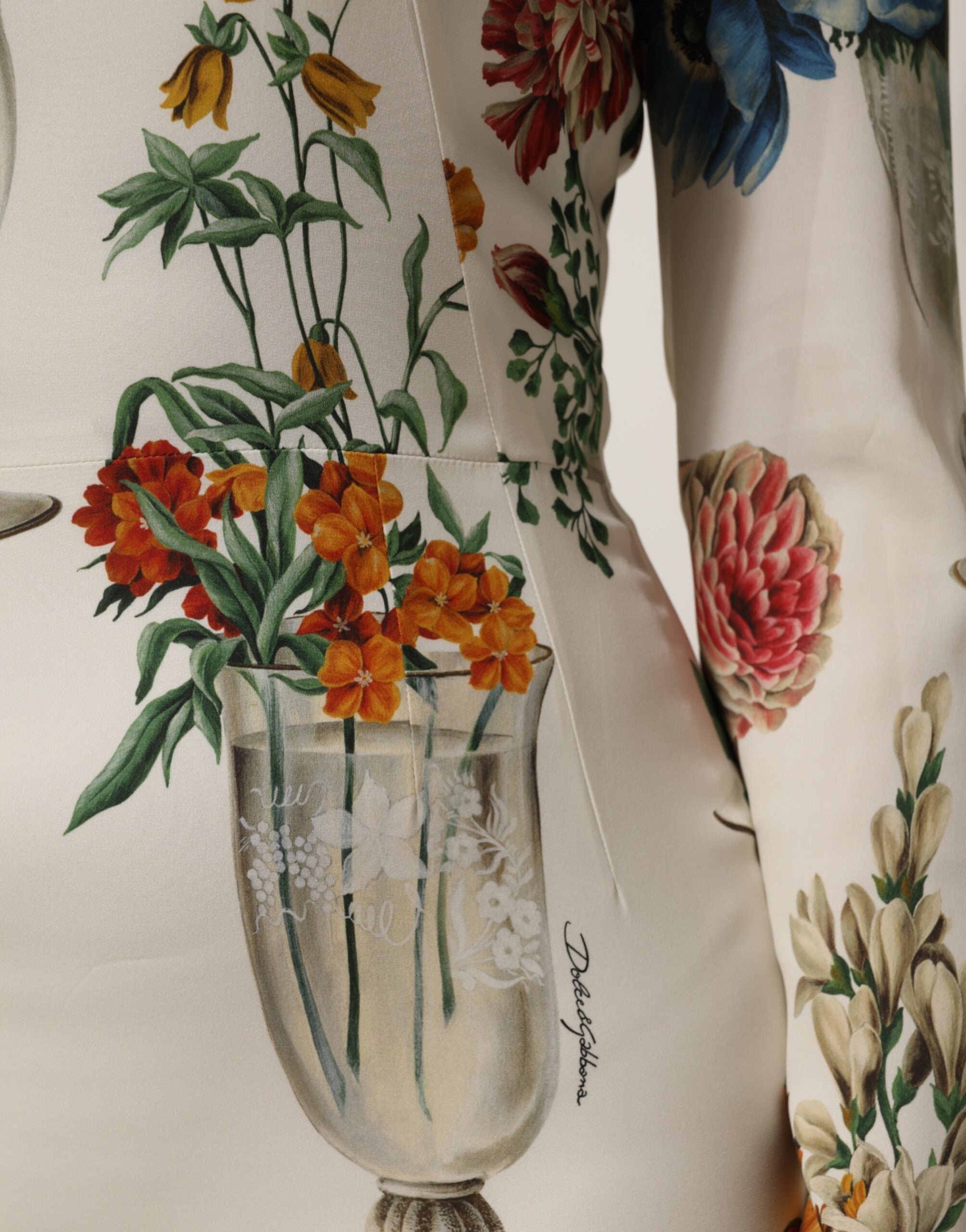 Dolce & Gabbana White Flower Vase Silk Sheath Midi Women's Dress (Pre-Owned)