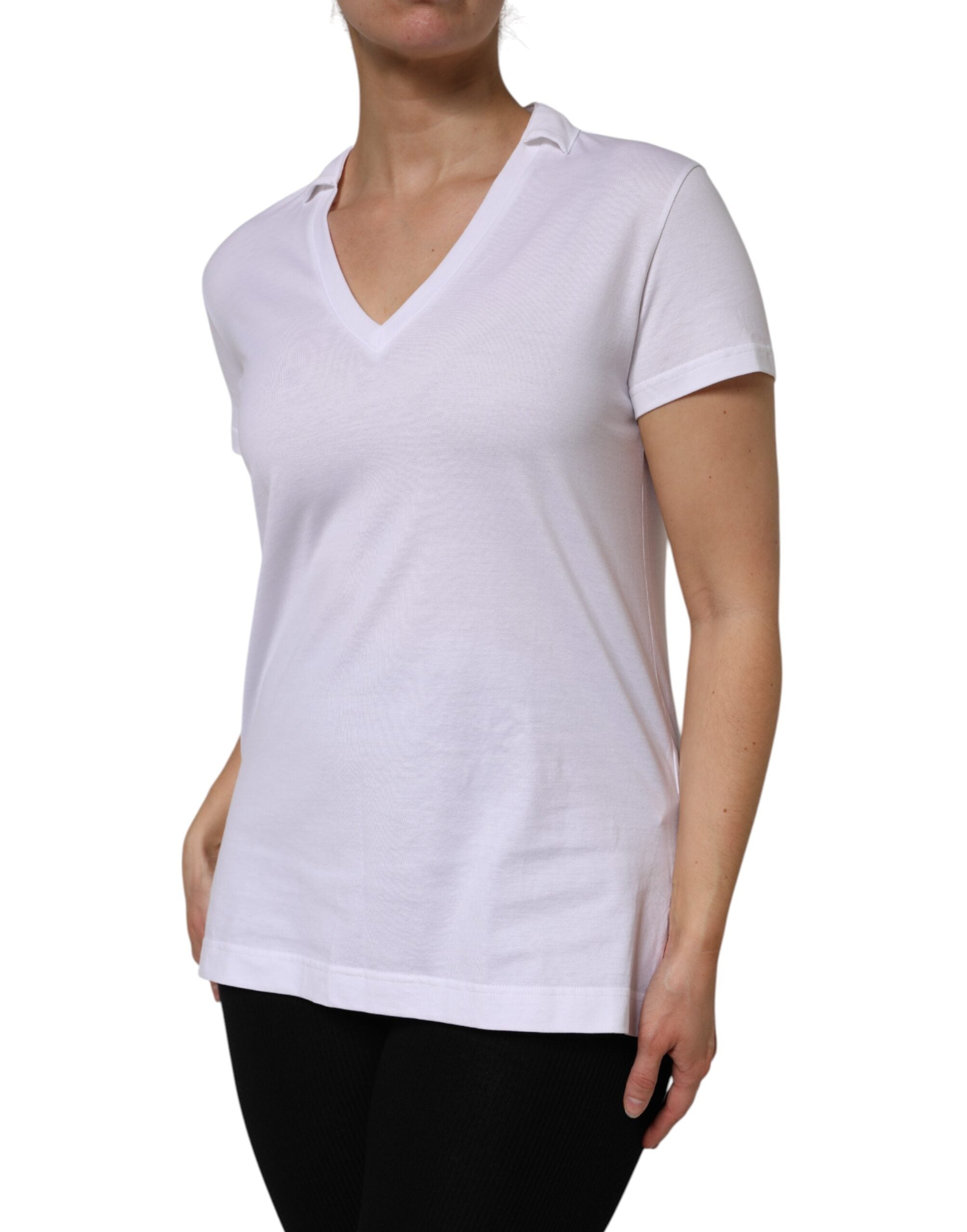 Dolce & Gabbana White Cotton Short Sleeve V-Neck Top Women's T-shirt (Pre-Owned)