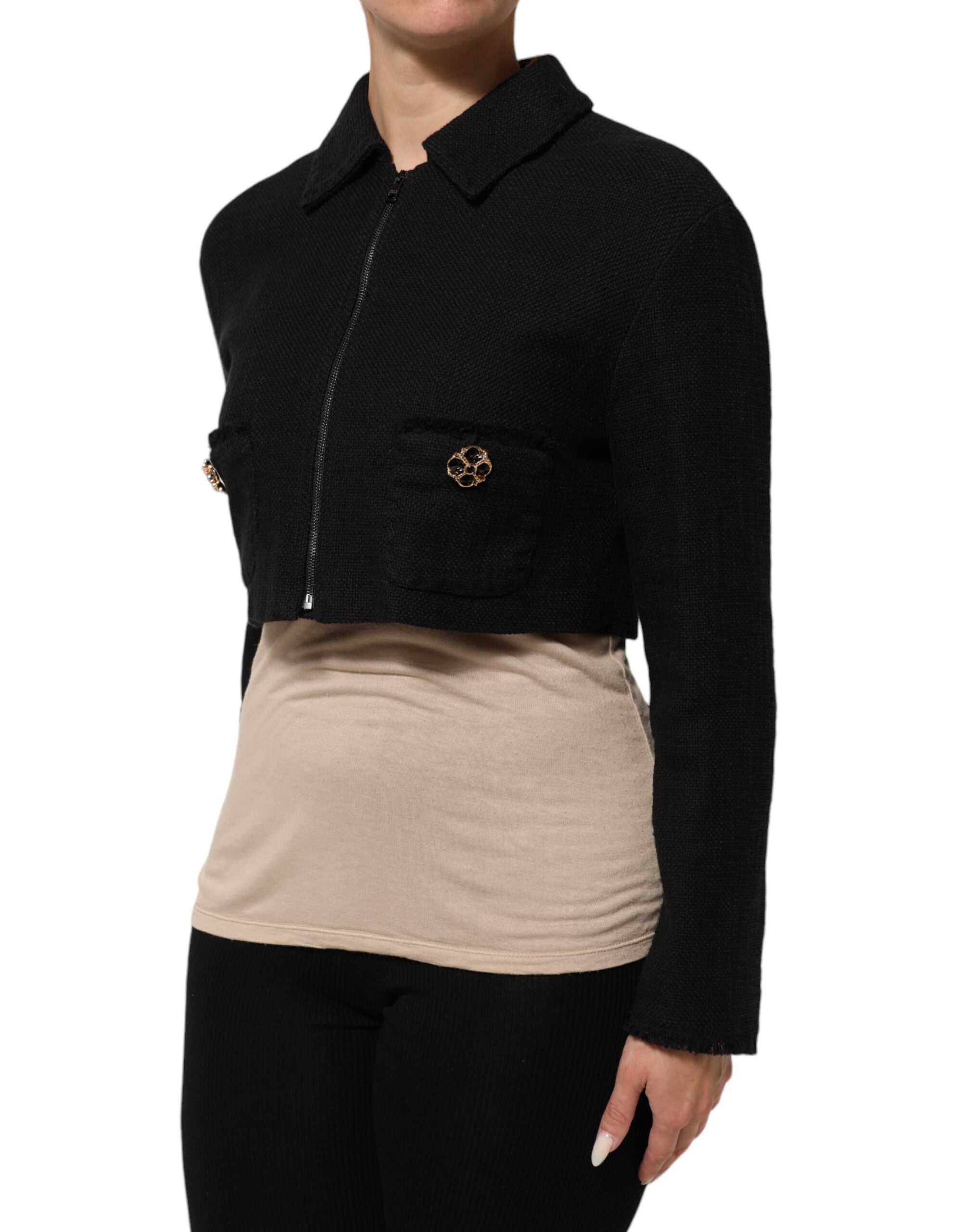 Dolce & Gabbana Black Cotton Full Zip Cropped Coat Women's Jacket