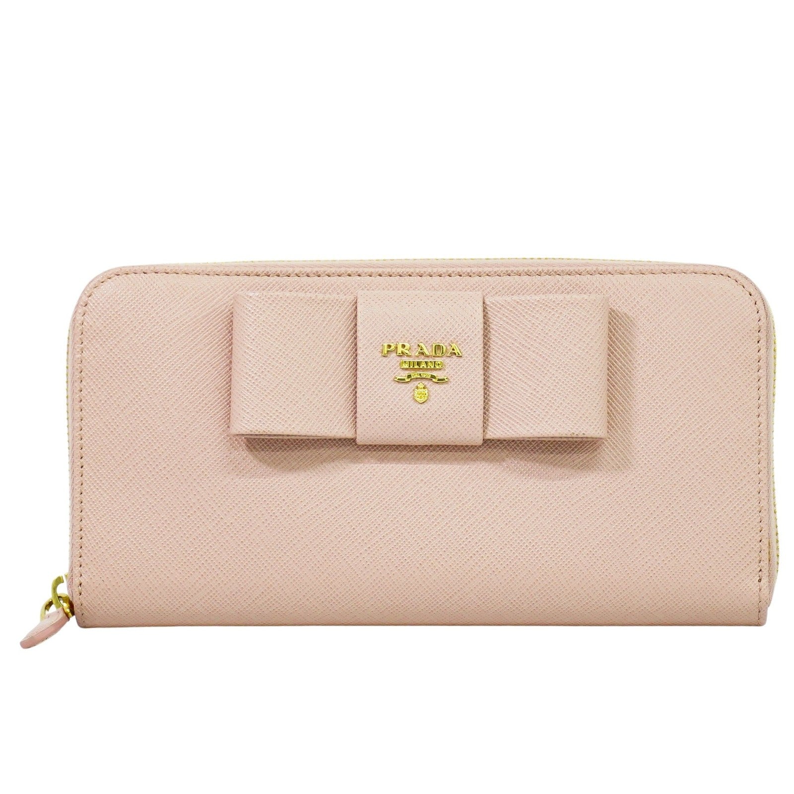 Prada Bow Zip Around Saffiano Leather Pink Leather Wallets Accessory (Pre-Owned)