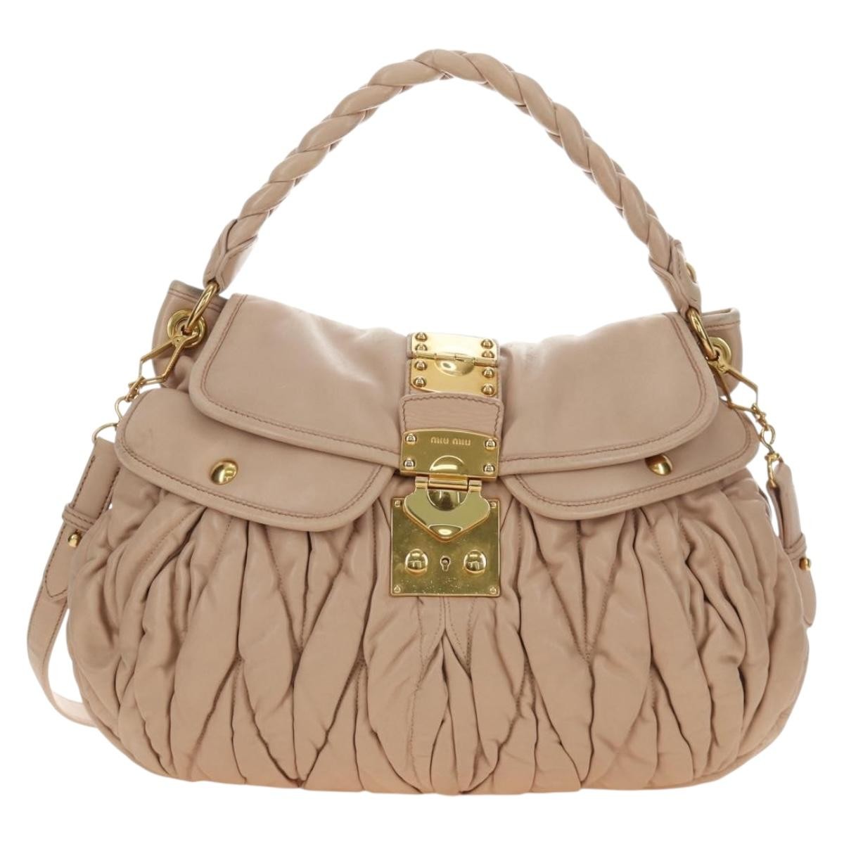 Miu Miu Madras Convertible Lock Tote Leather Pink_Gold Leather Handbag (Pre-Owned)