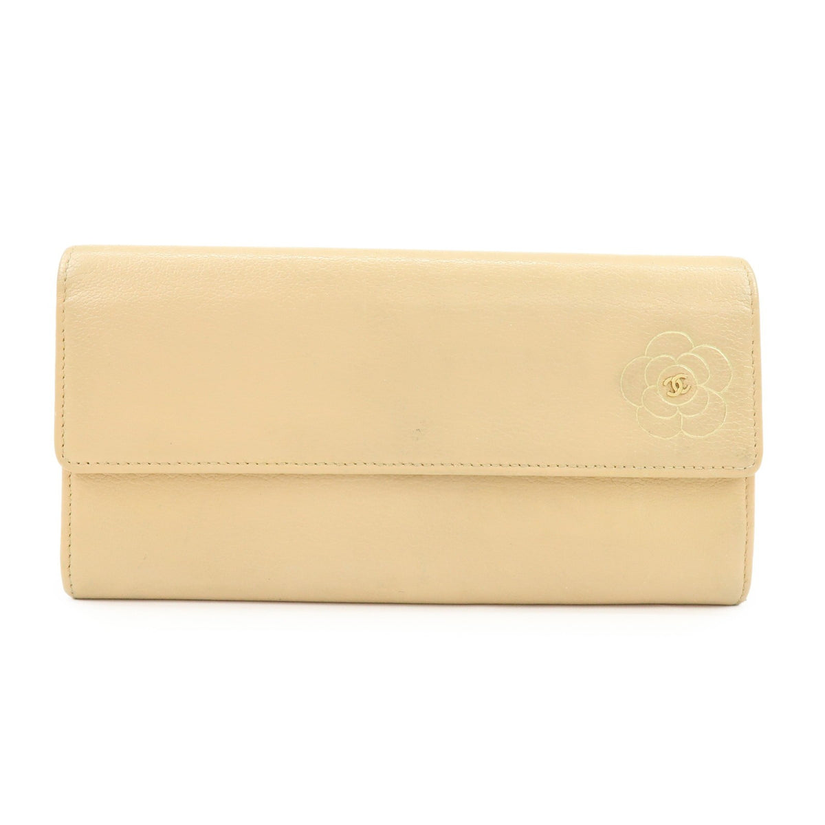 Chanel Camellia Flap Leather Beige Calfskin Wallets Accessory (Pre-Owned)