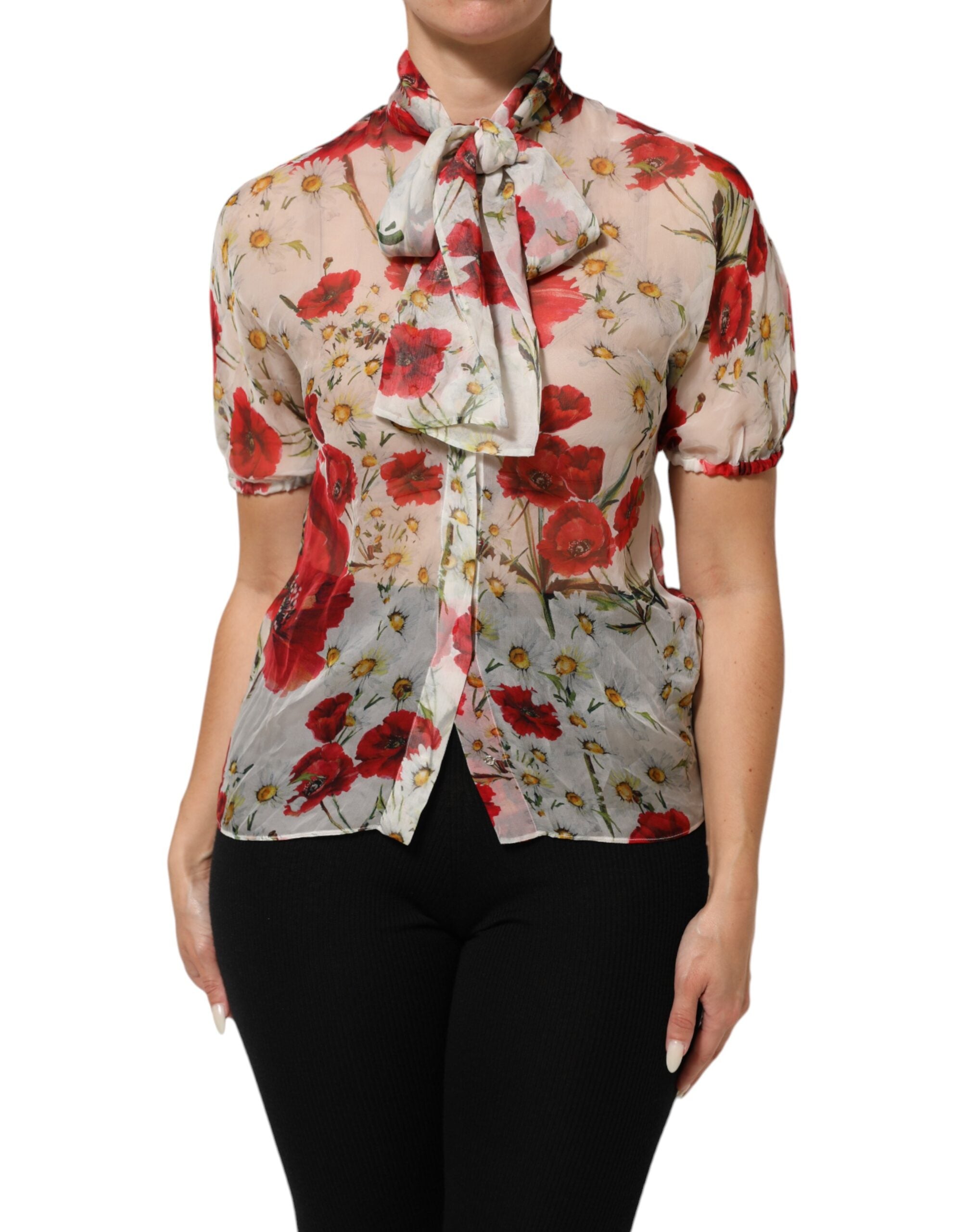 Dolce & Gabbana White Floral Tie-Neck Poppy Print Blouse Women's Top