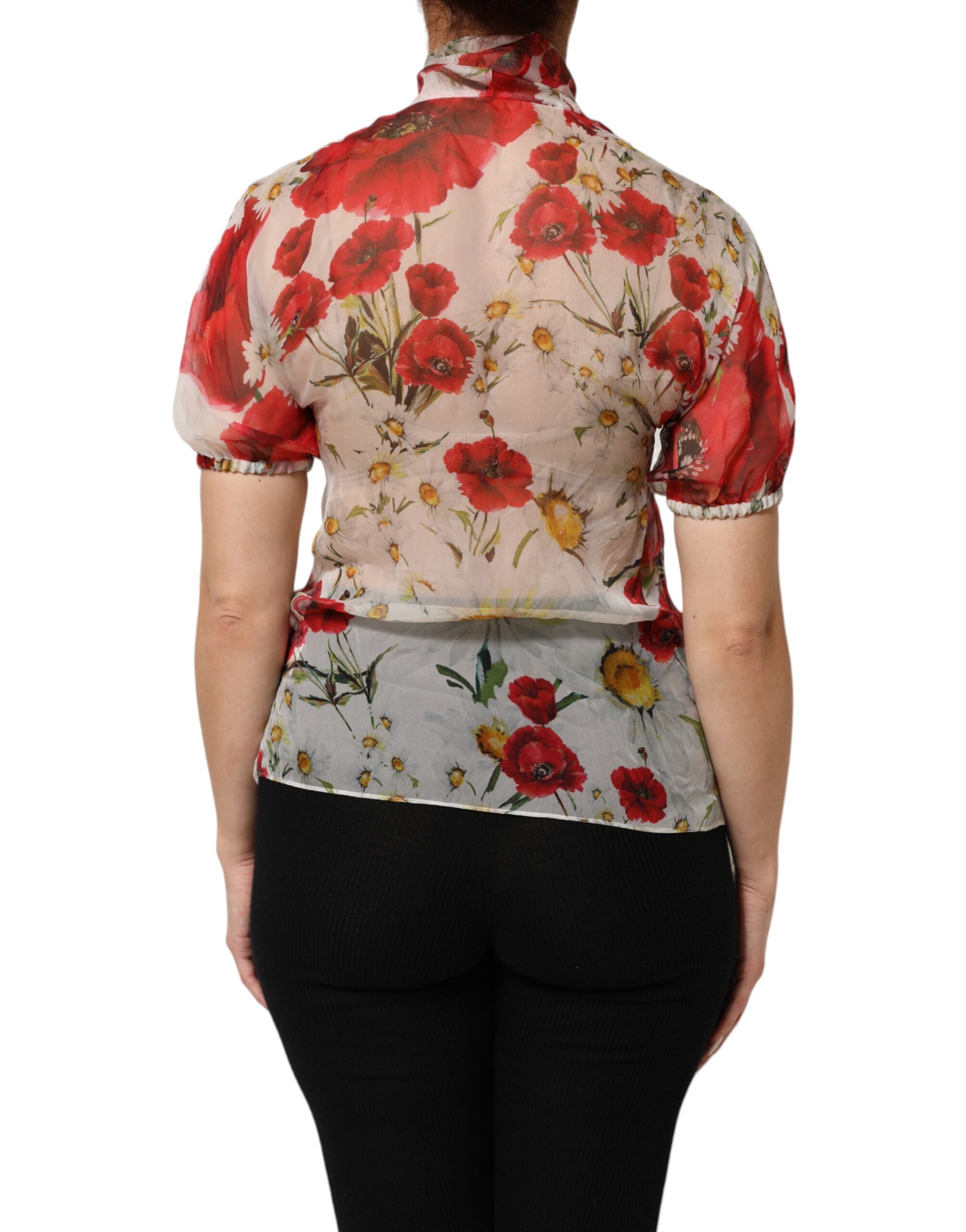 Dolce & Gabbana White Floral Tie-Neck Poppy Print Blouse Women's Top