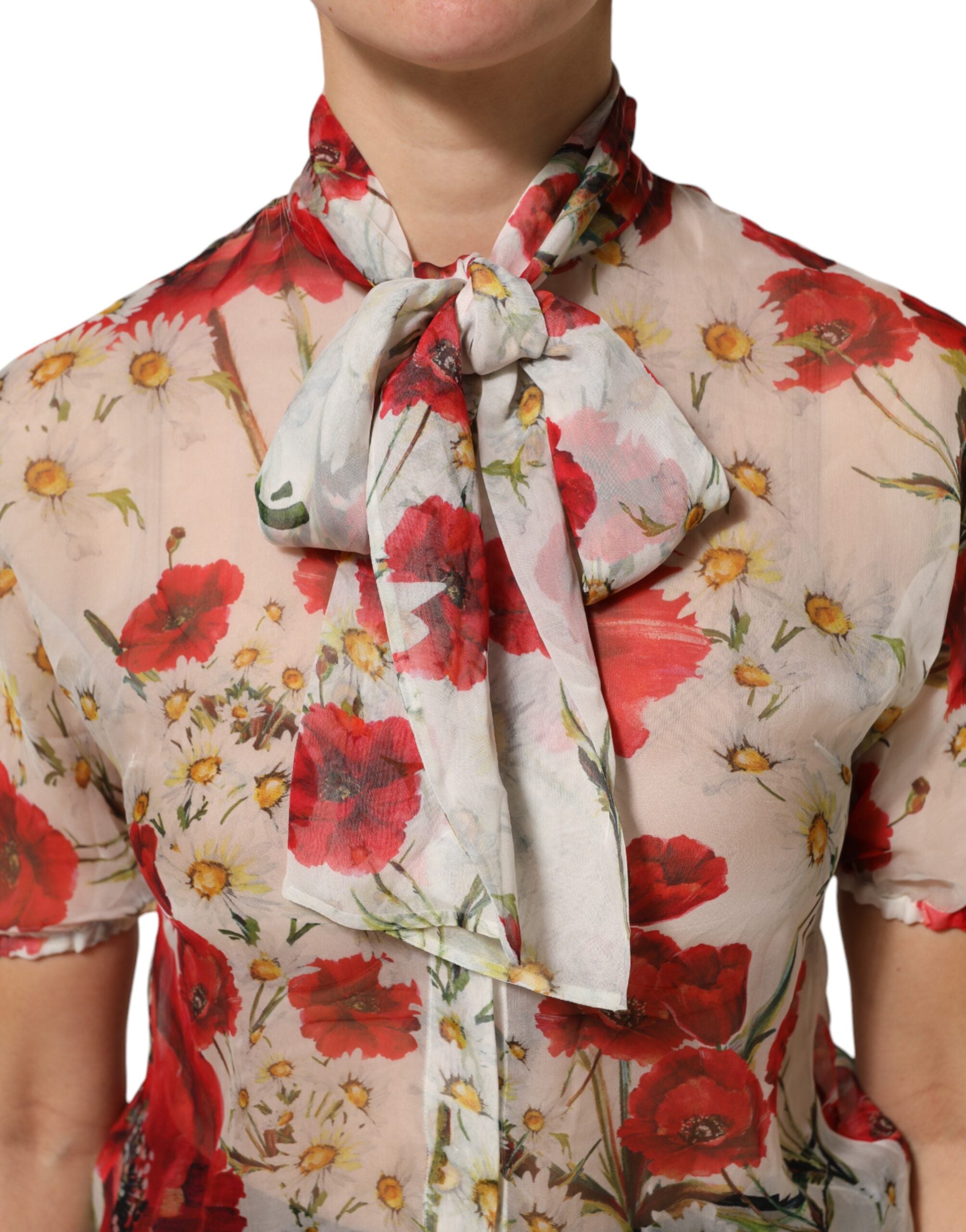 Dolce & Gabbana White Floral Tie-Neck Poppy Print Blouse Women's Top