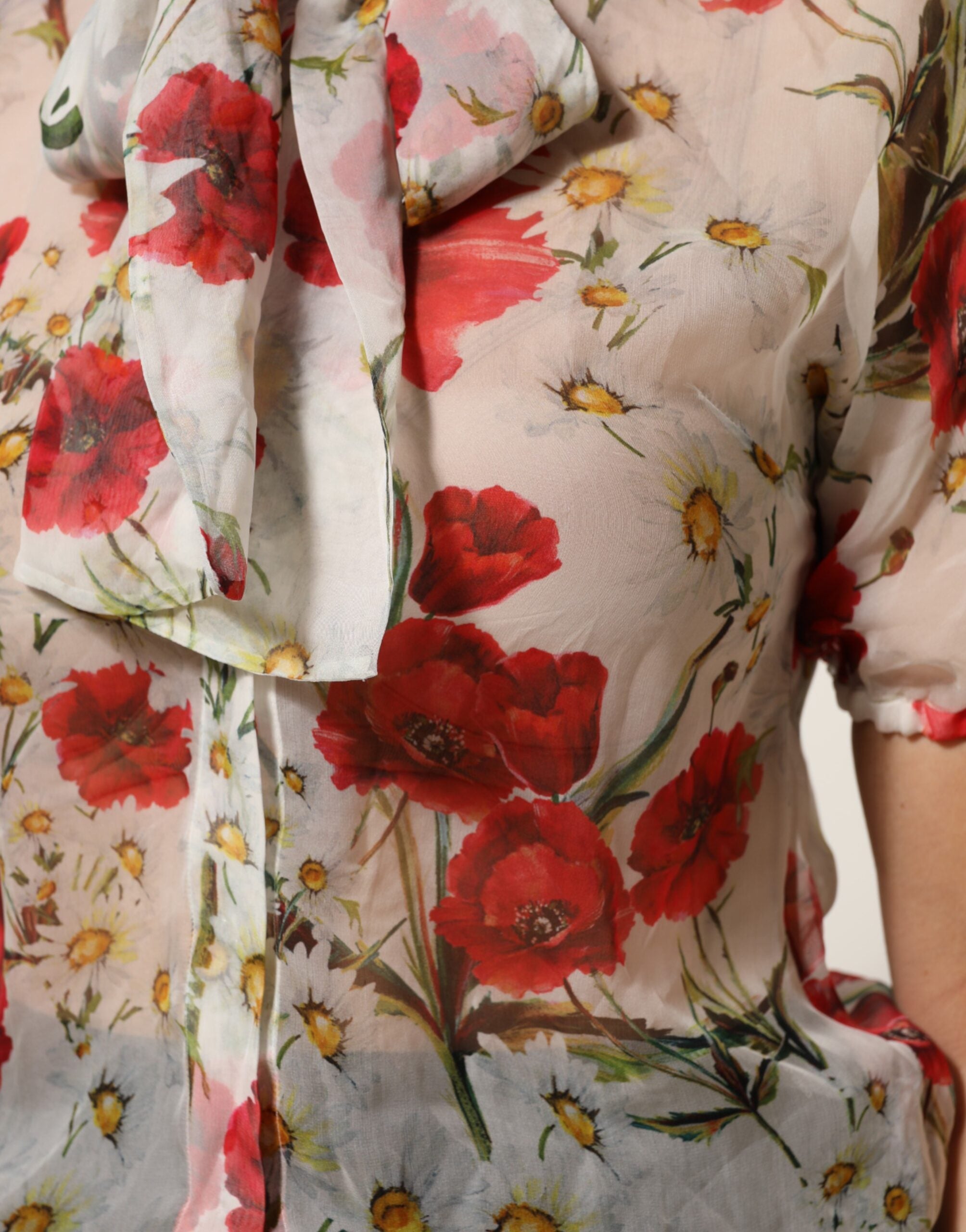 Dolce & Gabbana White Floral Tie-Neck Poppy Print Blouse Women's Top