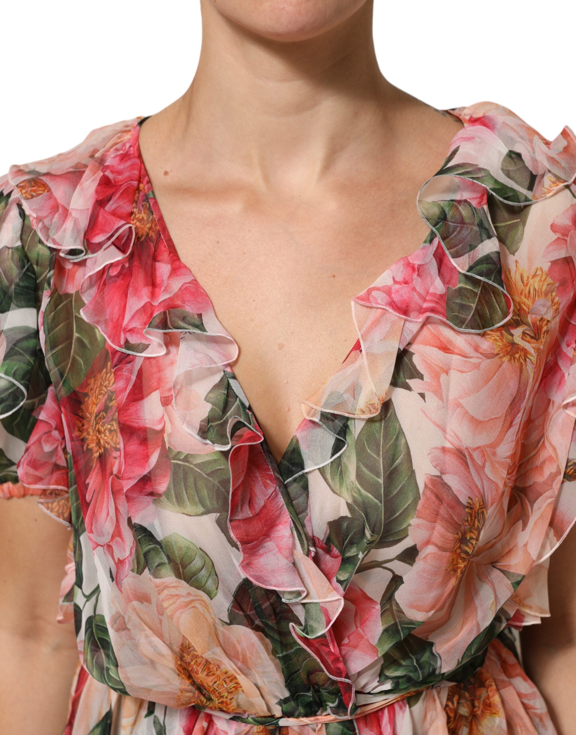 Dolce & Gabbana Pink Camellias Printed Silk V-neck Blouse Women's Top