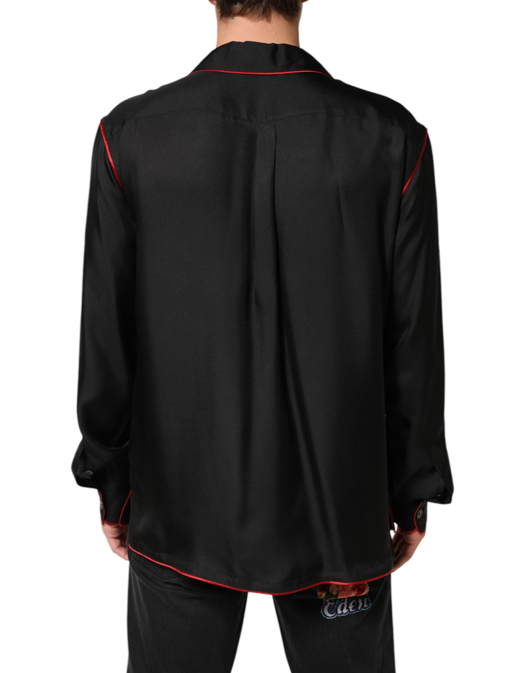 Dolce & Gabbana Black Red Contrast Trim Silk Casual Men's Shirt