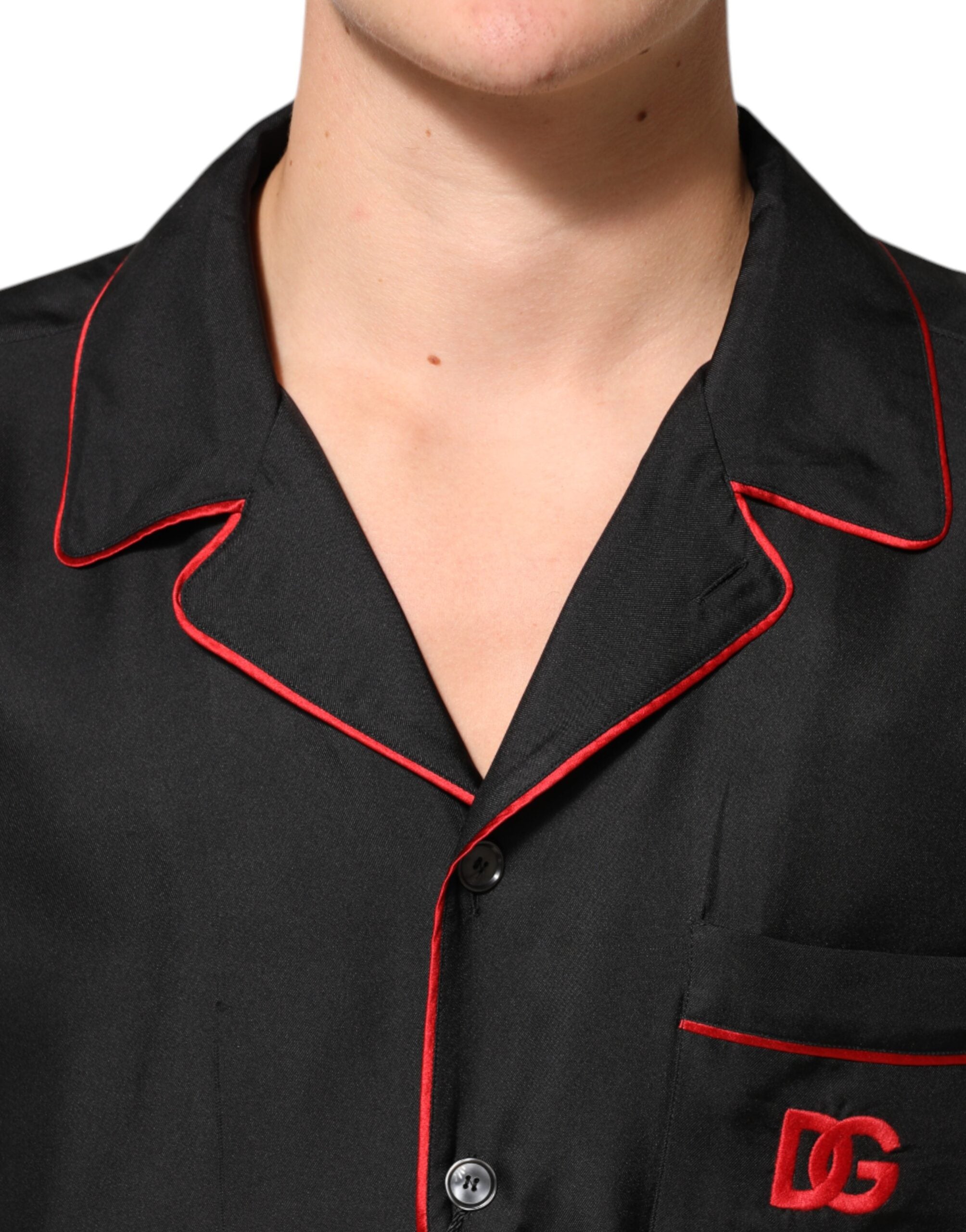Dolce & Gabbana Black Red Contrast Trim Silk Casual Men's Shirt