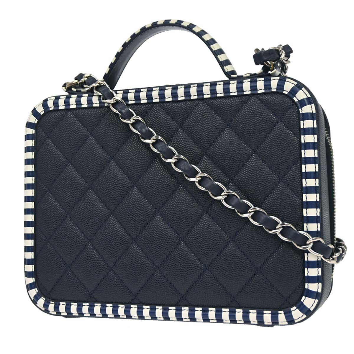 Chanel Filigree Vanity Case Quilted Caviar With Striped Leather Navy Leather Clutche & Pouche Bag (Pre-Owned)