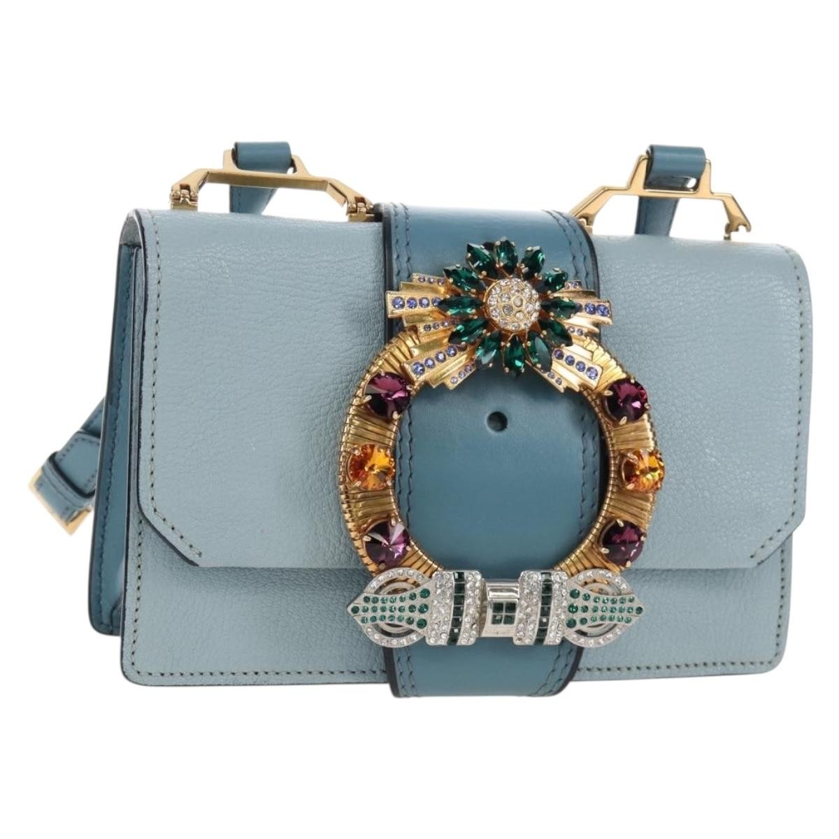 Miu Miu Madras Crystal Buckle Leather Blue Leather Shoulder Bag Bag (Pre-Owned)