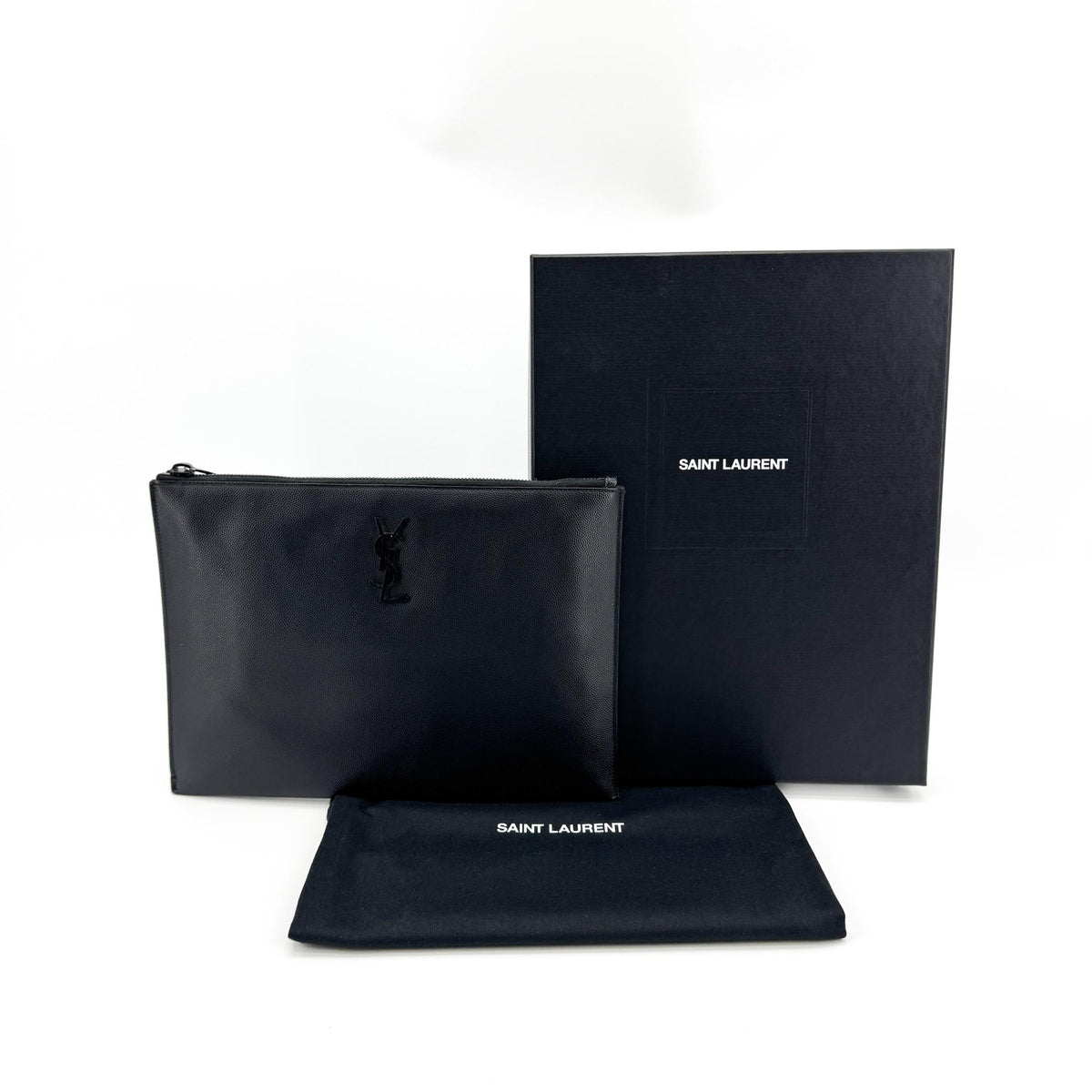 Saint Laurent Classic Monogram Zip Leather Black Leather Clutche & Pouche Bag (Pre-Owned)
