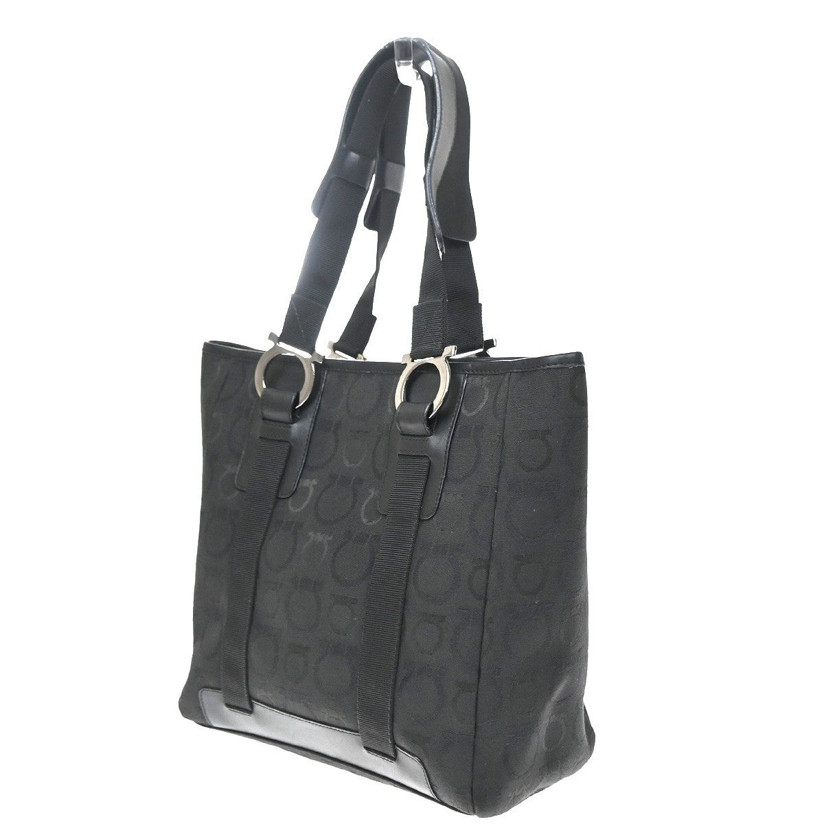 Salvatore Ferragamo Gancini Tote Canvas Black Canvas Tote Bag Bag (Pre-Owned)