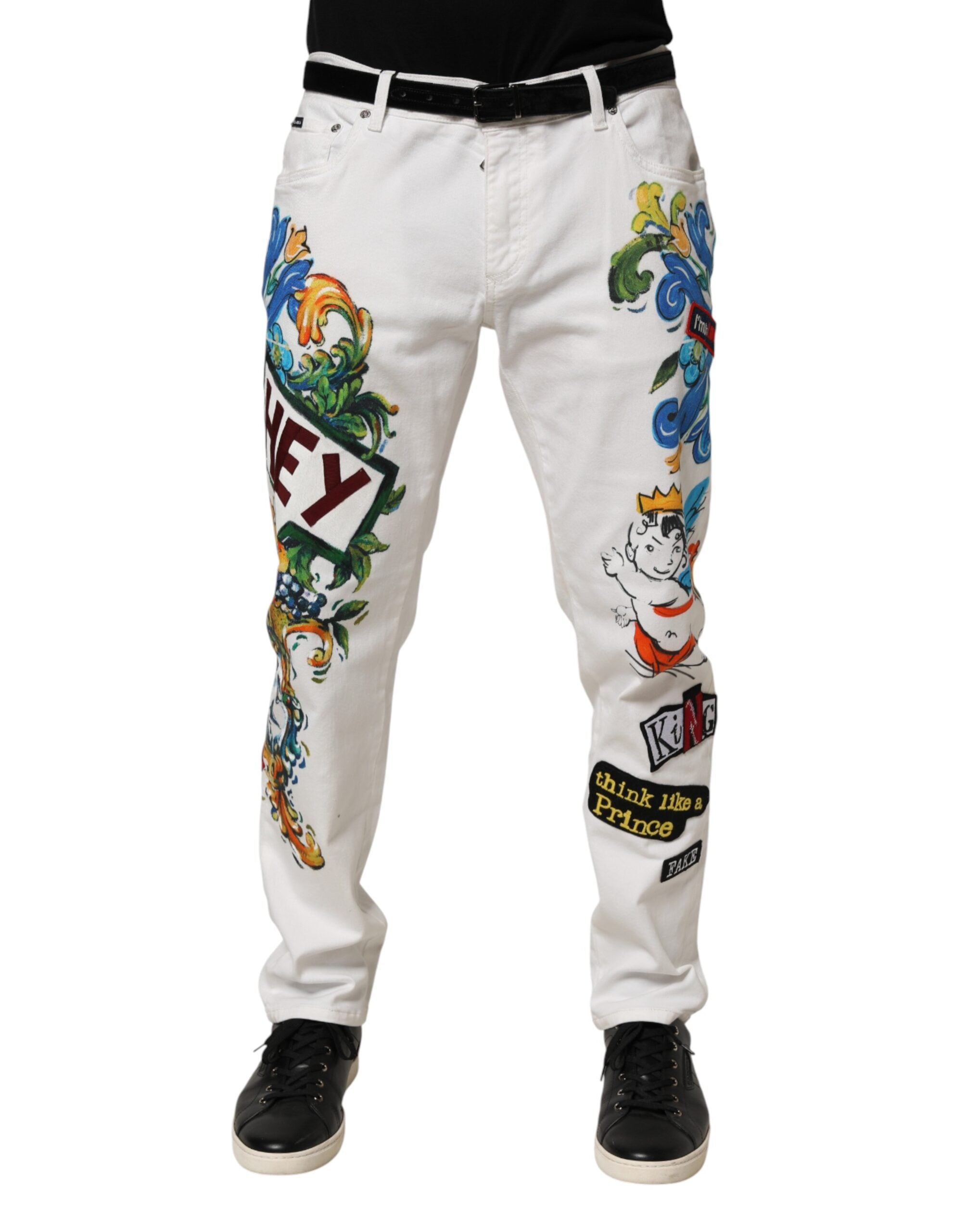 Dolce & Gabbana White Graffiti Print Skinny GOLD Denim Men's Jeans (Pre-Owned)