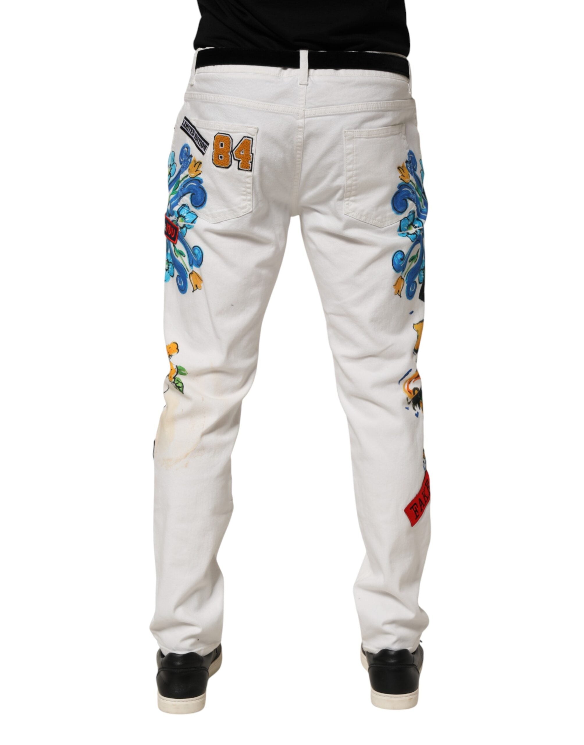 Dolce & Gabbana White Graffiti Print Skinny GOLD Denim Men's Jeans (Pre-Owned)